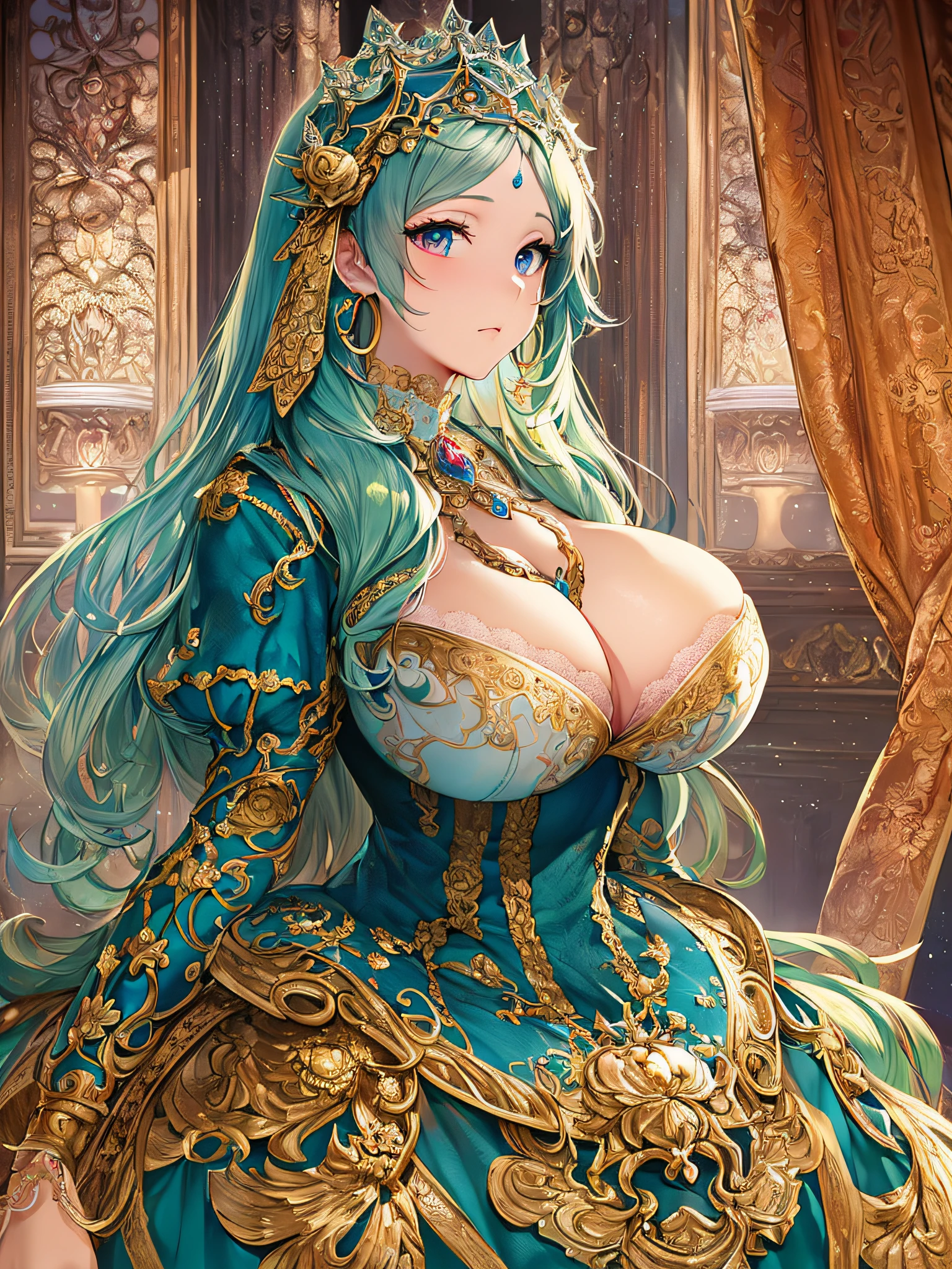 ((anime artstyle)),(Masterpiece),(Best Quality), (Super Detail),((Very Delicate and Beautiful)),((Solo)),((full body)),((1 princess in gorgeousfull rococo dress)),detailed face and eyes,jewel-like eyes,((voluminous Very Long Straight Hair)),(((gigantic tits,Long tits))),curvy,skindentation,((gorgeousfull embroidery and lace)),gorgeous corsage,See-through,gorgeousfull hair ornament,gorgeousfull glitter jeweled tiara,ornate ruffles,((full body)),((hoop skirt,crinoline)),Dynamic Angle,Looking at viewer,(((gorgeous embroidery gorgeousfull rococo dress)),full body