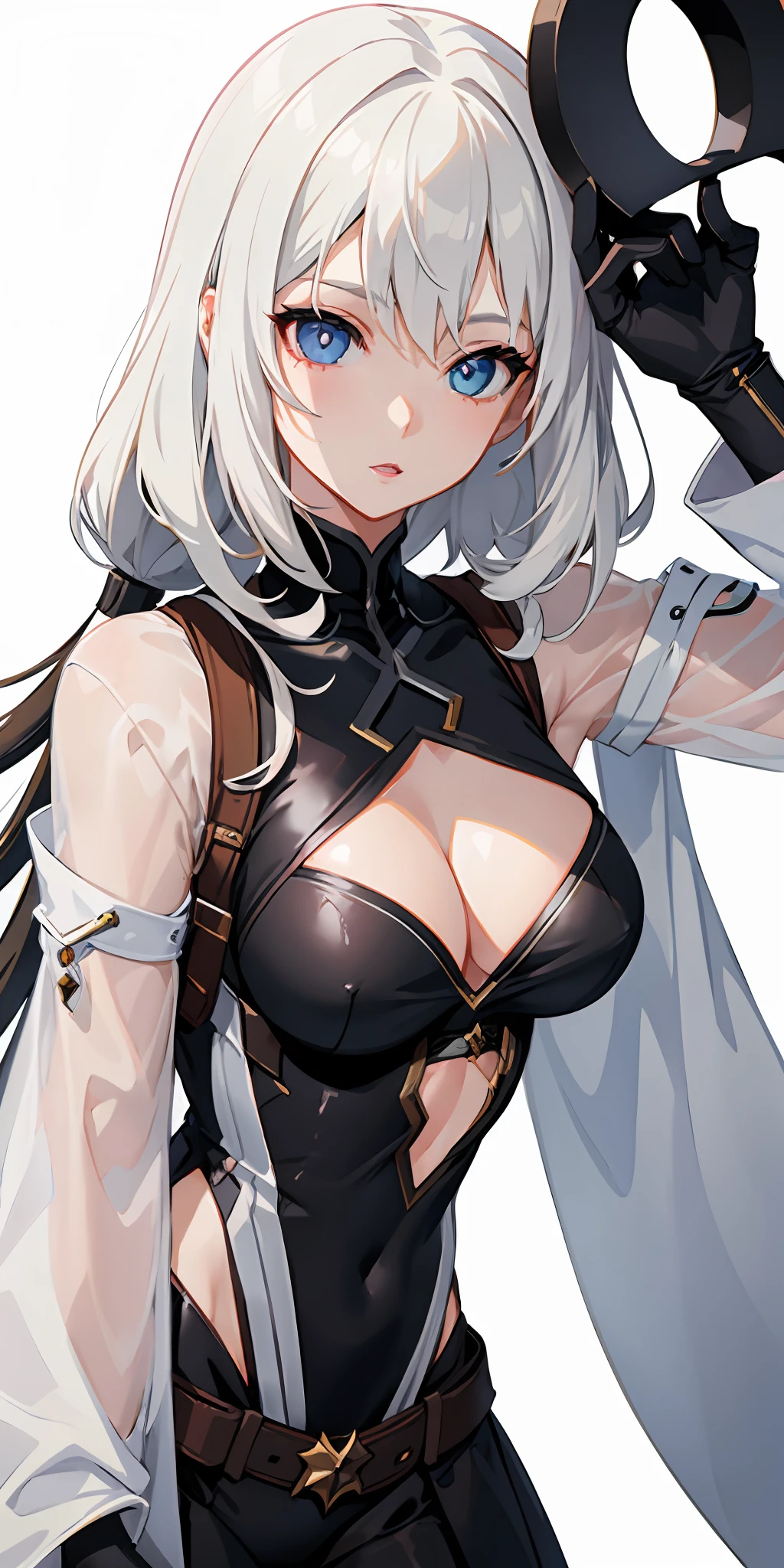 1girl, anime, cute girl, rogue, blank background, white background, fantasy, dark clothes, beautiful face, beautiful eyes, dark colors, assassin, , slight cleavage, beautiful skin, cute