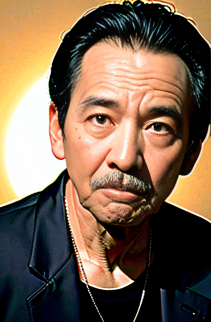Best quality,tmasterpiece,A old man,Black hair,黑The eye,Duan,and the sun was shining brightly,Wrinkled skin,Face the lens
