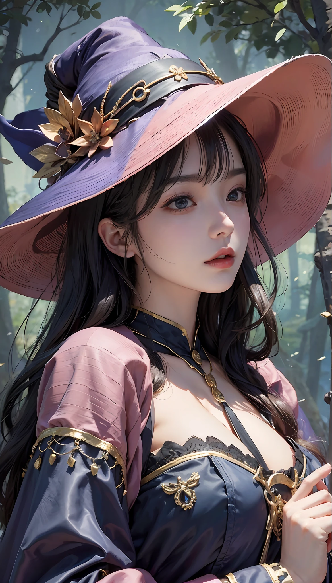 (1girl:1.3)、独奏、offcial art、统一 8k 壁纸、ultra - detailed、Beauty and aesthetics、big breasts beautiful、tmasterpiece、best qualtiy、Fantastical Atmosphere、calm color palette、Tranquil Mood、soft shade、Witch priestess、Charisma spells、vignettes、Witch duties、Only the head is exposed