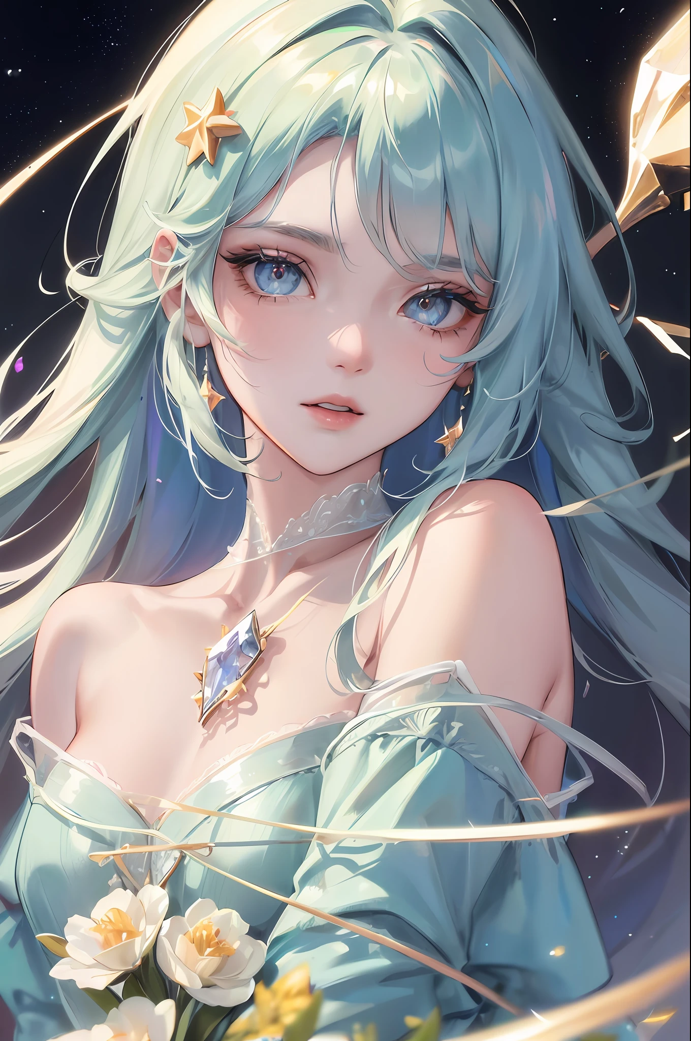 high high quality，tmasterpiece，Delicate facial features，Delicate hair，Delicate eyes，Girl eye details，Long eyelashes，gem-like eyes，Crystal texture，Glazed texture，Onyx texture，bright，glitters，high light，Gradient，Iris gradient，Beautiful pupils，There are rivers of stars in the eyes，Highly detailed，high-definition picture quality，Bright colors，Depth of field effect，Star background，8K high quality detailed art（Delicate facial portrayal）（Fine hair portrayal）（highest  quality）（Master masterpieces）（High degree of completion）（a sense of atmosphere）8k wallpaper，tmasterpiece，Best quality at best，ultra - detailed
