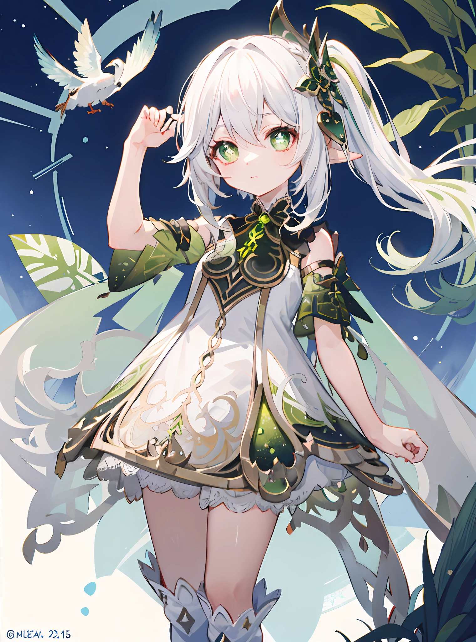 Nahida_Genshin,(White hair),cross-shaped pupils,default_dress,Green cape,