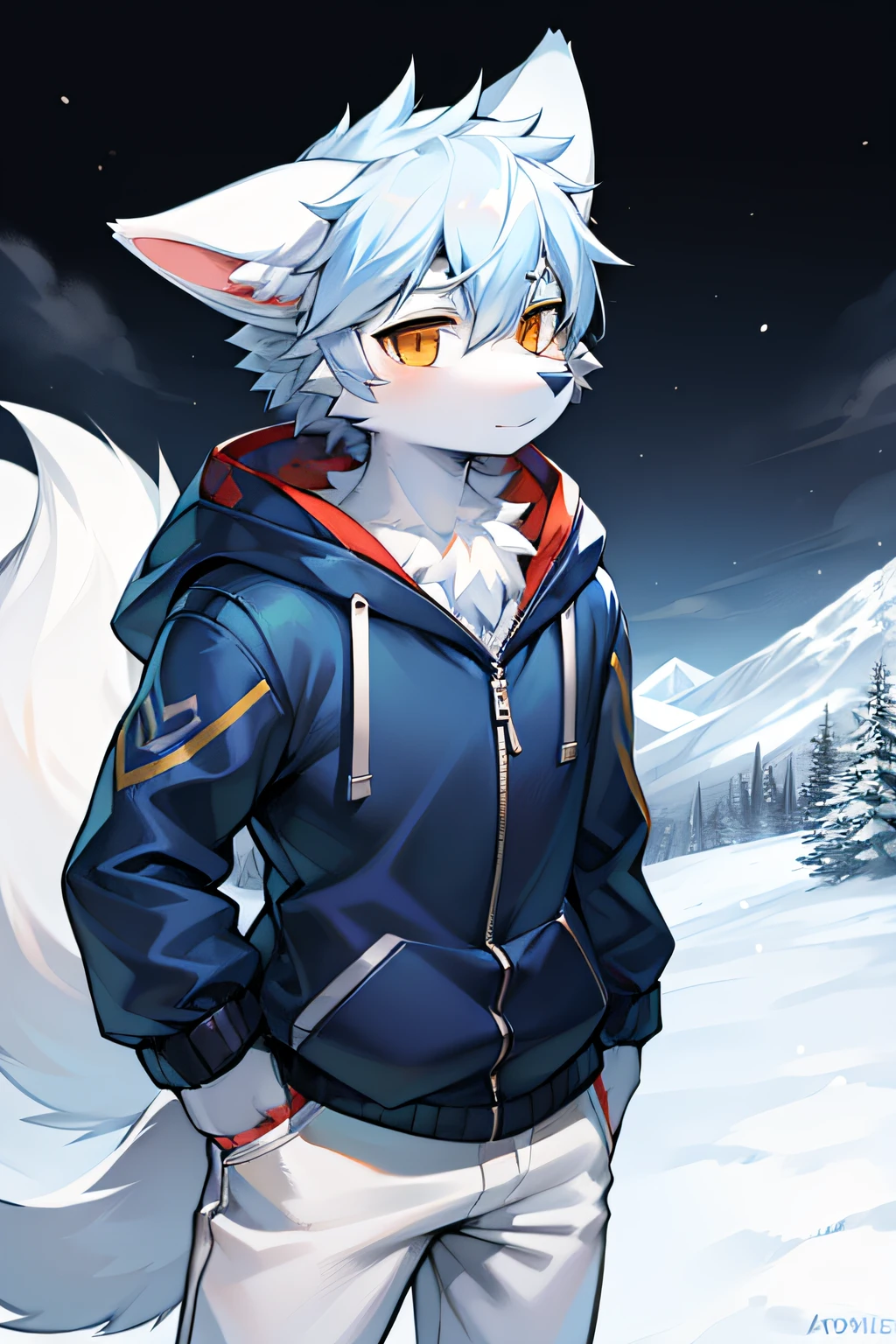 Snowy mountains Snow，full bodyesbian,Young Wolf,人物,tmasterpiece，Blue down jacket,furry tail,Highest image quality,8k,Full HD background，cartoony，adolable，kemono，male people，a plush，furry，White fur，White body，White ears，Orange-yellow eyes，solo person, Wolf tail, Wolf ears, ((half-body portrait)),Soft lines，Soft lines of clothing