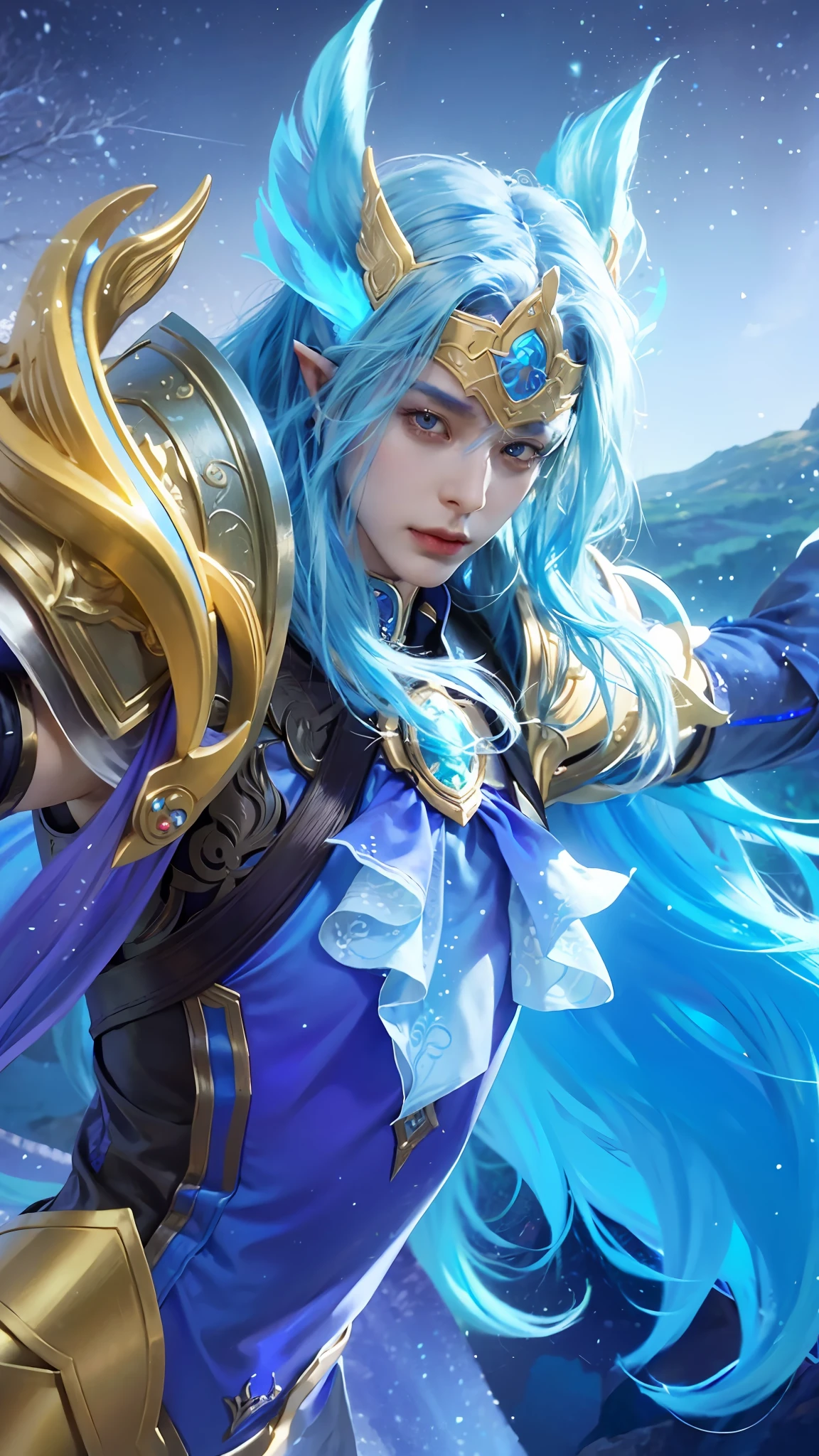 a close up of a person with blue hair and a blue wig, zhao yun, beautiful male elf, heise jinyao, unreal engine render saint seiya, a male elf, 8k highly detailed face, elven male, elven character with smirk, 4 k detail fantasy, blue elf, xianxia fantasy, xianxia hero