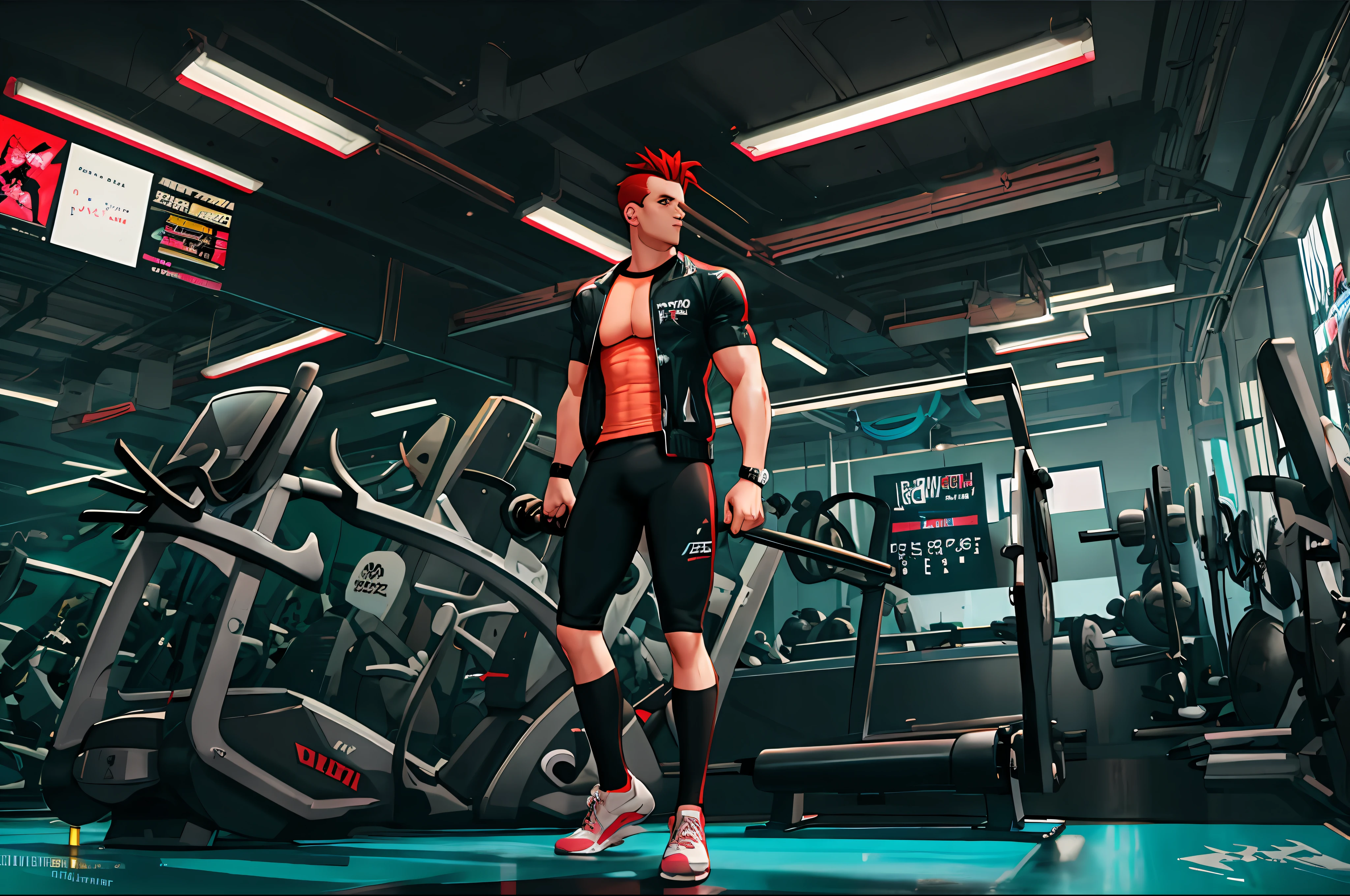 Gym cyberpunk neon , male,