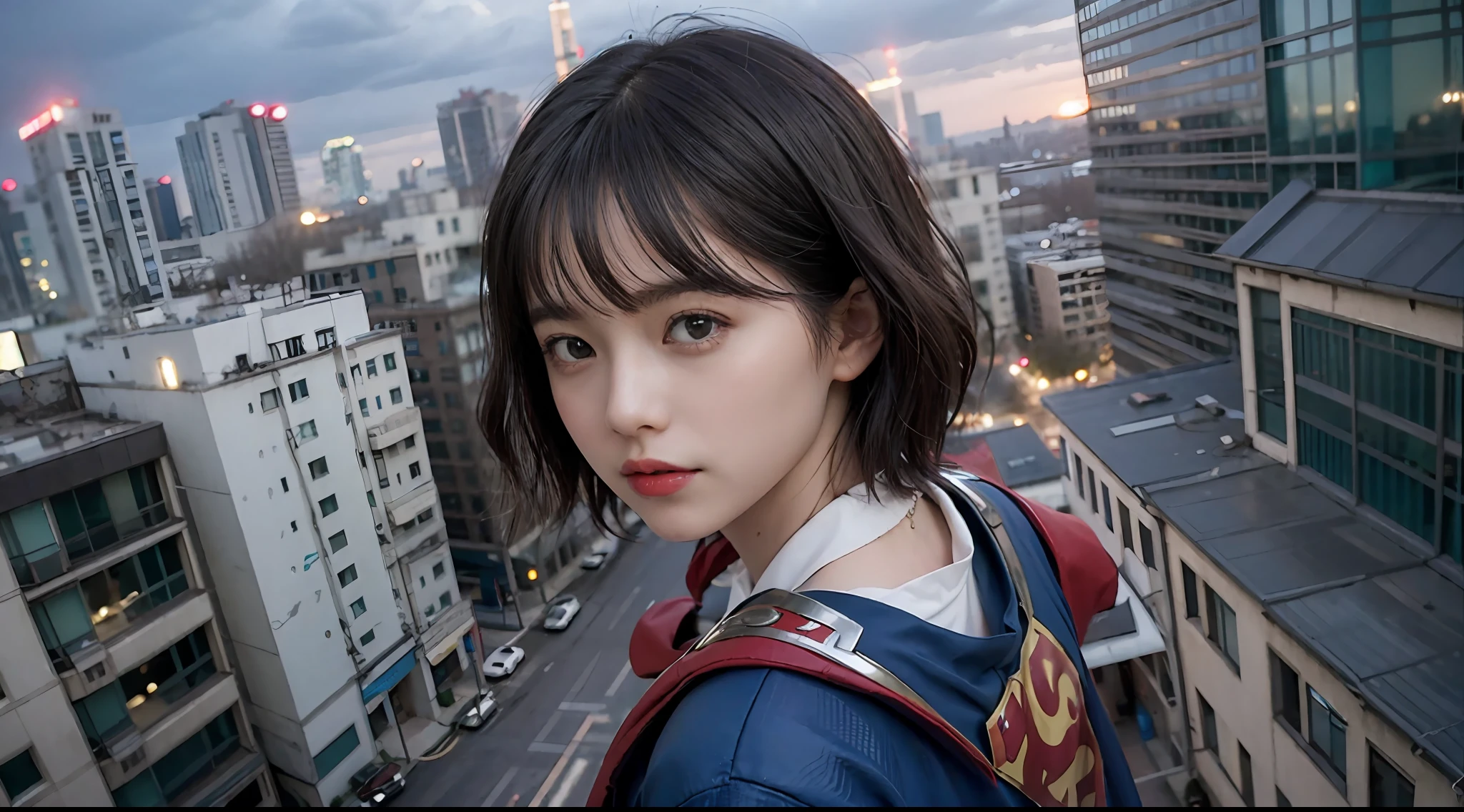 Best Quality, masutepiece, (Photorealistic:2), Ultra High Resolution, Highly detailed, A hyper-realistic, 1girl in, ((Supergirl suit in white)), (Superman's Cloak), Spider-Man pattern,  colourfull_hair、(((very_short_hair))), Short hair, Slim body, Full Shot,  Looking at Viewer, Night, ((On the roof of a building)), Rain, Dark Scene, Dark atmosphere, light neon, myst, cloudy, Lightning, Detailed background