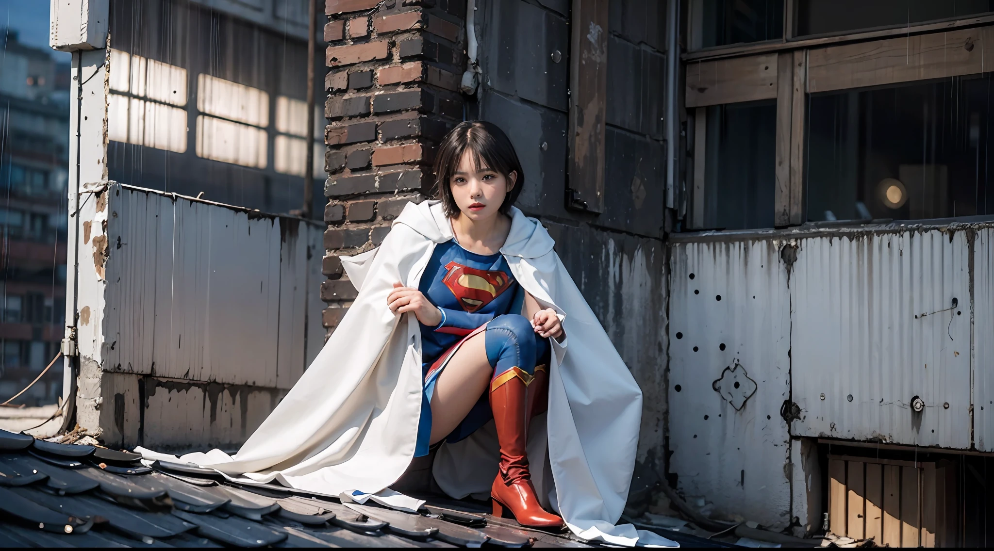 Best Quality, masutepiece, (Photorealistic:2), Ultra High Resolution, Highly detailed, A hyper-realistic, 1girl in, ((Supergirl suit in white)), (Superman's Cloak), Spider-Man pattern,  colourfull_hair、(((very_short_hair))), Short hair, Slim body, Full Shot,  Looking at Viewer, Night, ((On the roof of a building)), Rain, Dark Scene, Dark atmosphere, light neon, myst, cloudy, Lightning, Detailed background