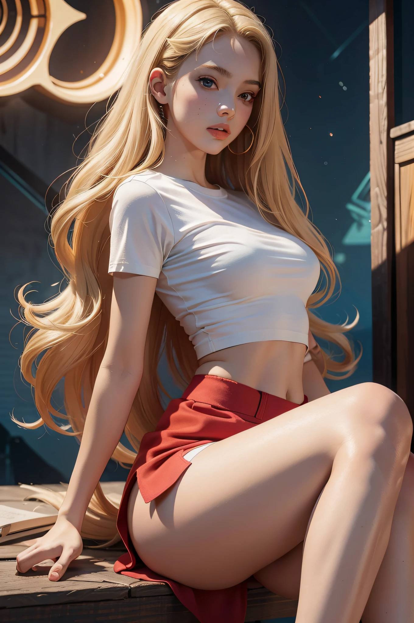 concept art, front angle of a young teen, perfect eyes, wearing sexy short red mini skirt and tight white t-shirt, blonde hair styled as long curly hair, equirectangular 360, Highres, [(art by Willi Baumeister:1.1), (art by John T. Biggers:1.2)::17], official art, unity 8k wallpaper, ultra detailed, aesthetic, masterpiece, best quality, photorealistic