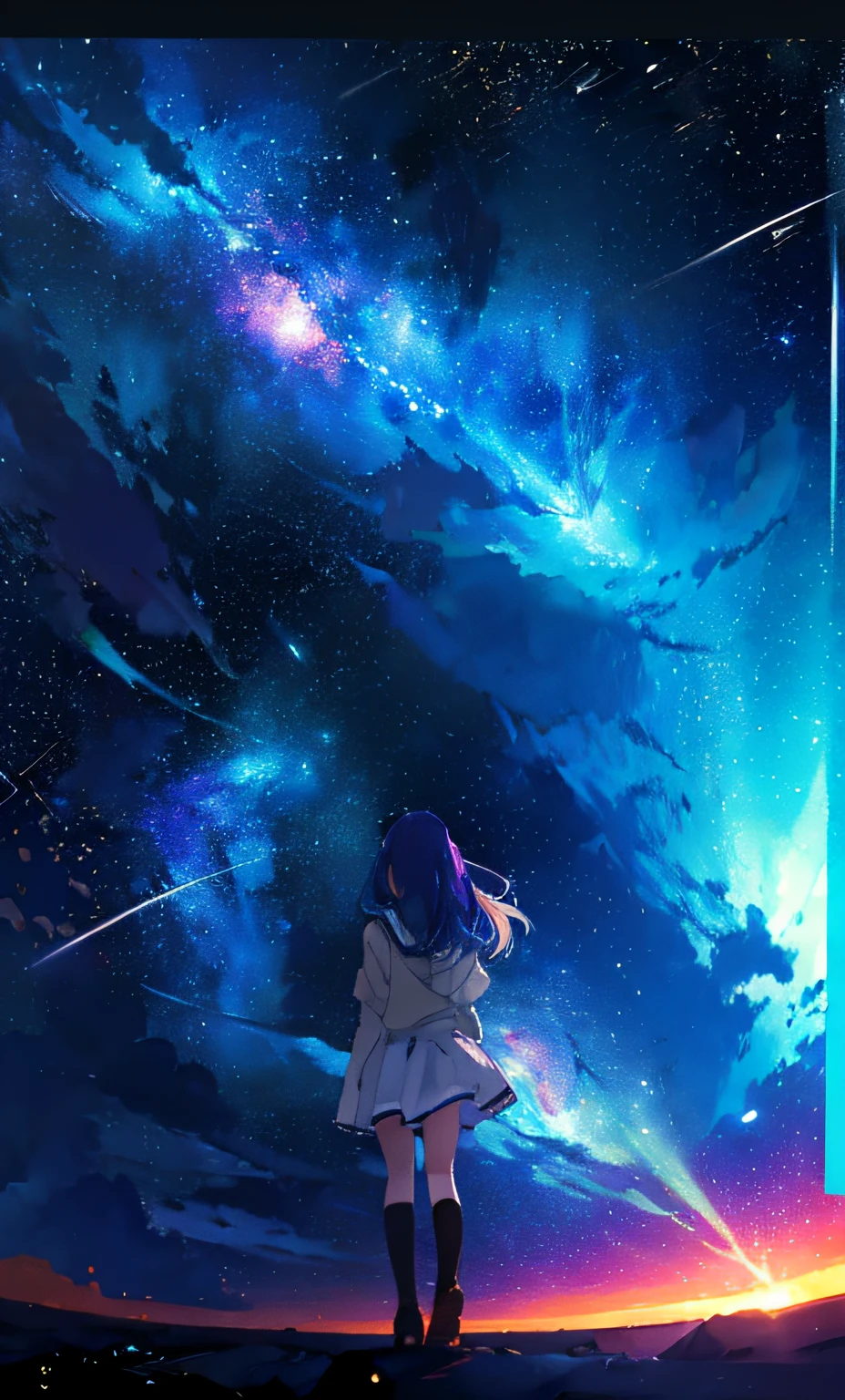 Anime girl looking at the stars in the sky, girl looks at the space, anime girl with cosmic hair, girl in space, Star(skyporn) starrysky_skyporn, on a galaxy looking background, in a space starry, near a galaxy, Anime art wallpaper 8k, shooting star in background, stars on sky, Anime Girl with Long Hair, Space sky