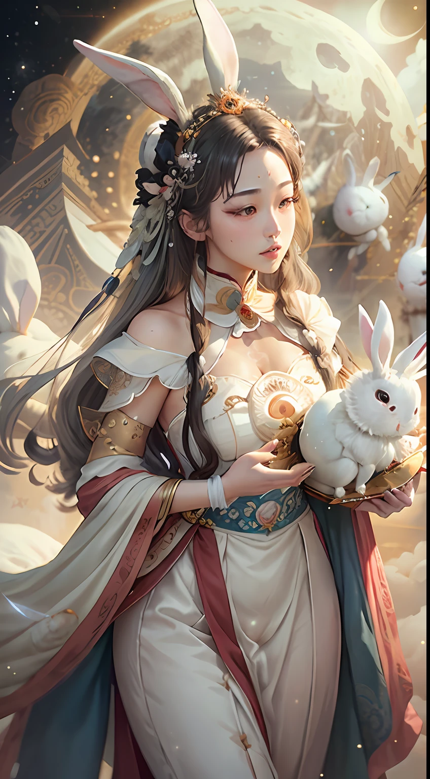 （best images quality），（Extremely detailed description），1womanl，Twenty years old，Dressed in ancient fairy costumes，（Very detailed details of the face），（full bodyesbian），（Very perfect body structure），（Very detailed and perfect facial depiction），Chang'e rushes to the moon，(((A white rabbit:1.2))Next to Chang'e:1.2), Blue starry sky，（Very large moon close-up），Moonlight shines through the clouds，，As estrelas（glitters），universe background，garments（blingbling），（tmasterpiece），（Brilliant results），（8k wallpaper），（Photography Award），Chinese mythology，Fantasy theme，ultra-realistic realism，realisticlying