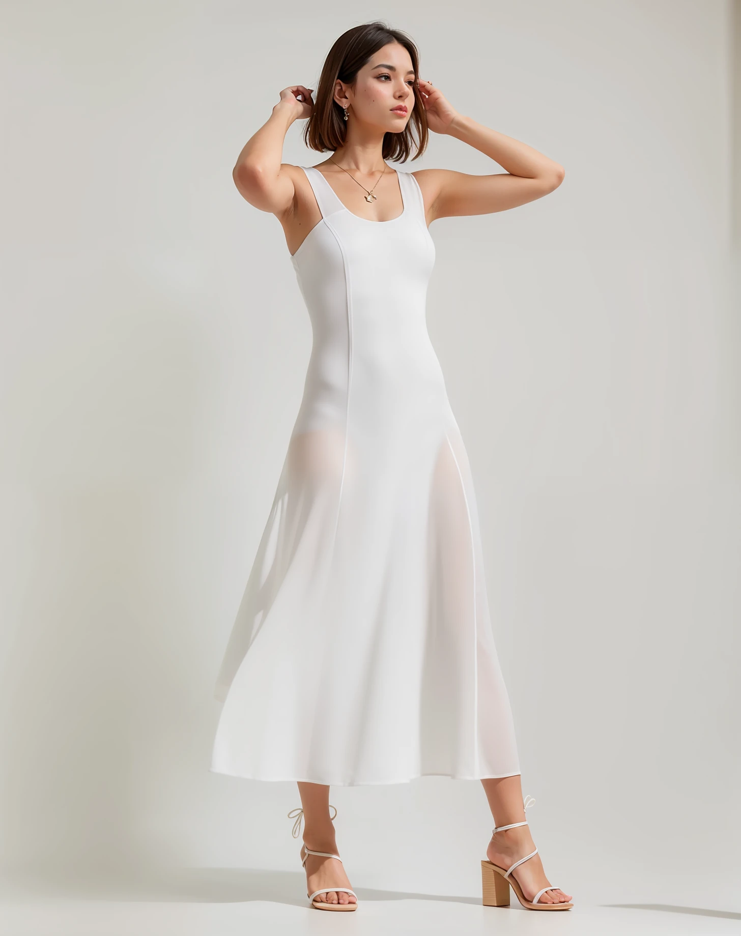 Uma mulher em um vestido branco posa para uma foto, vestido branco longo, wearing a white flowing dress, em um longo vestido branco, usando um vestido de sol branco, white flowing dress, Nico usando um vestido branco, lindo vestido branco longo longo, Vestido de sol branco, vestido branco, vestido branco elegante, white summer dress, usando um vestido branco, usando vestido branco, vestido branco, imagem super realista