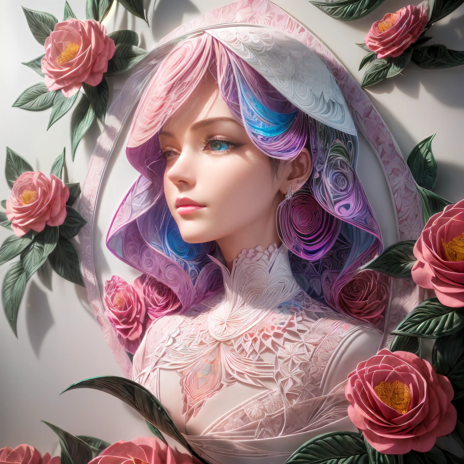 (Hologram :1.5),( A silhouette of a beautiful woman , Colorful camellias ), White background ,( paper art , Quilted paper art :1.2, geomerty :1.1, zentangle , a 3D render ),( Extremely colorful , Best quality , high detal , Masterpiece , Cinematic lighting ,4K)