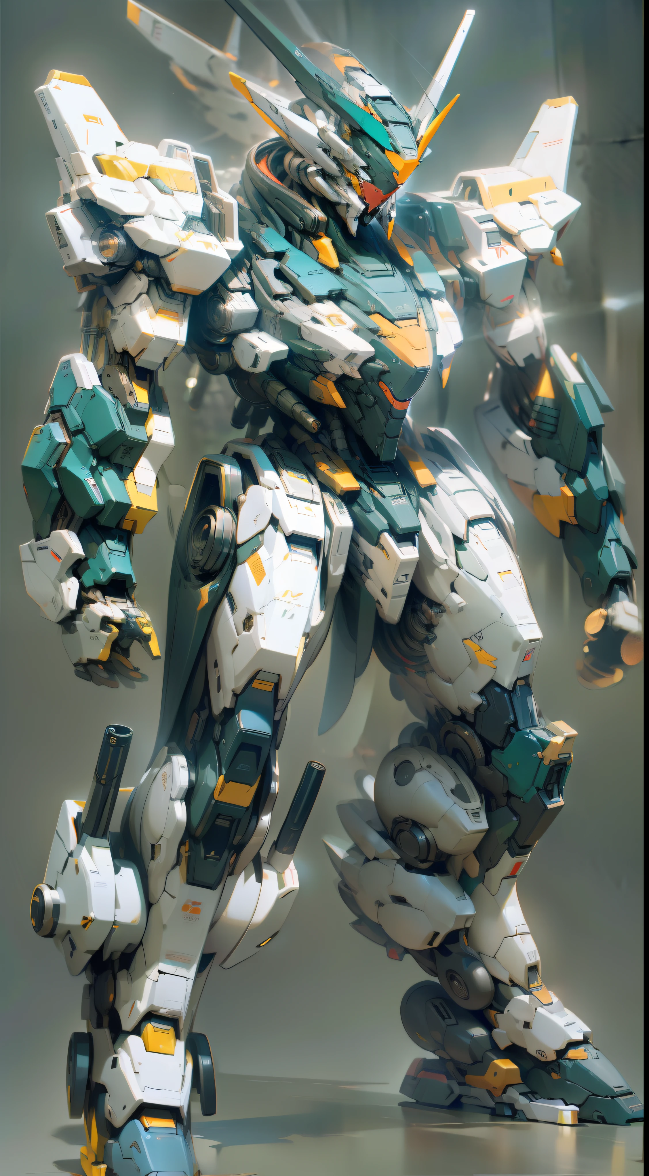 Full body standing painting, Gundam Mech, Machinary, metalictexture，The frontal of the character, reflective light, hyper HD, A high resolution, High detail, Chiaroscuro, Ray tracing, Cinematic lighting, Masterpiece, ccurate, Super detail, High details, High quality, 16k