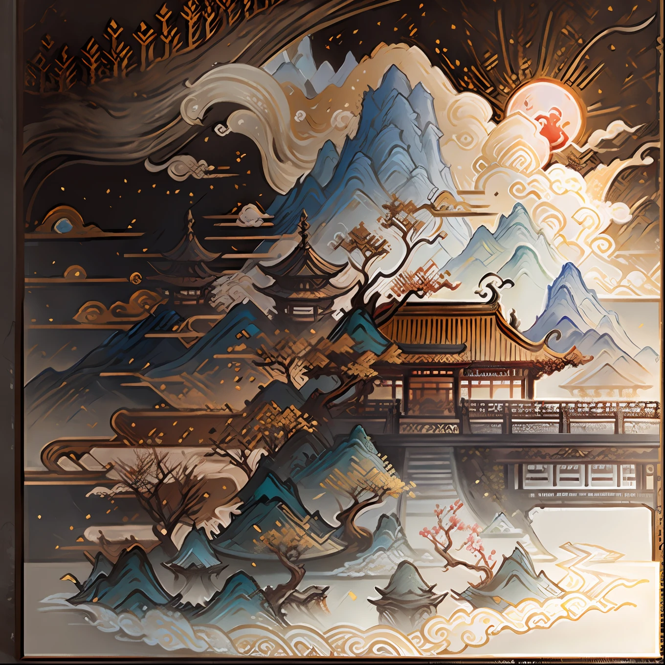 An ancient Chinese painting, ancient Chinese background, mountains, rivers, auspicious clouds, pavilions, sunshine, masterpieces, super detail, epic composition, ultra HD, high quality, extremely detailed, official art, unified 8k wallpaper, Super detail, 32k -- v 6