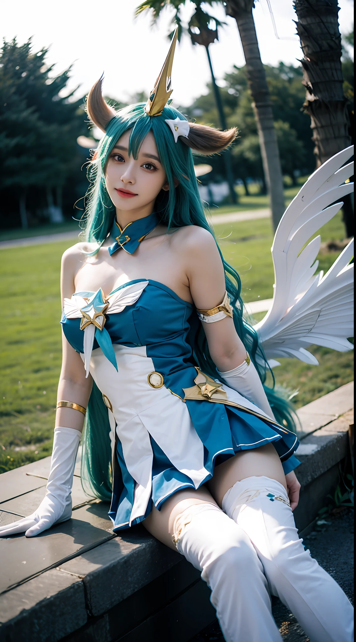 1girll,Moyou,Star Guardian Soraka,full bodyesbian,Elbow gloves,white thighhighs,Outdoors