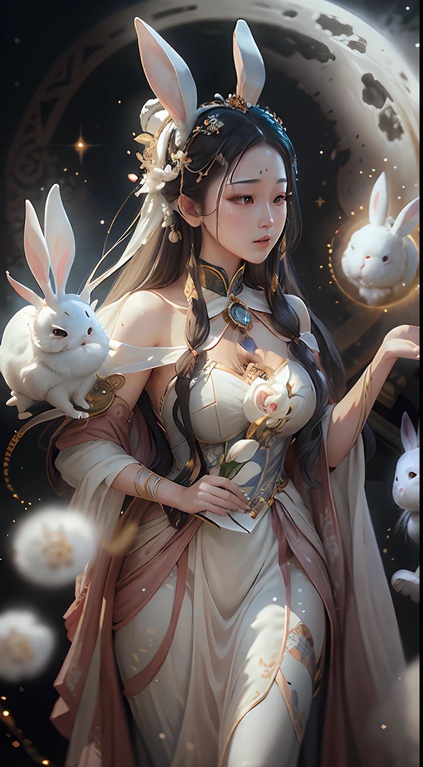 （best images quality），（Extremely detailed description），1womanl，Twenty years old，Dressed in ancient fairy costumes，（Very detailed details of the face），（full bodyesbian），（Very perfect body structure），（Very detailed and perfect facial depiction），Chang'e rushes to the moon，(((A white rabbit:1.2))Next to Chang'e:1.2), Blue starry sky，（Very large moon close-up），Moonlight shines through the clouds，，As estrelas（glitters），universe background，garments（blingbling），（tmasterpiece），（Brilliant results），（8k wallpaper），（Photography Award），Chinese mythology，Fantasy theme，ultra-realistic realism，realisticlying