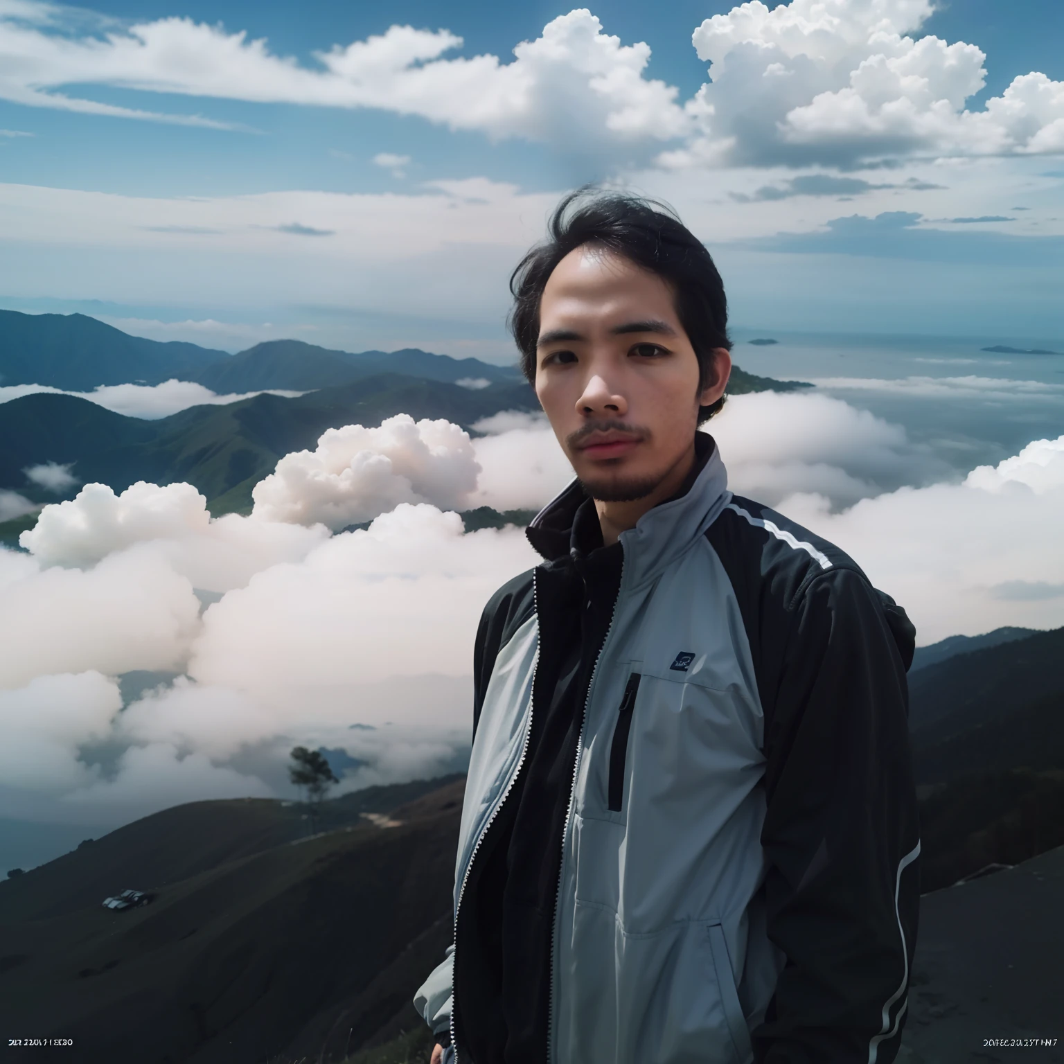 Man, standing on a mountain with clouds below, wearing a jacket, close up, zoom, masterpiece, photorealistic, Best quality