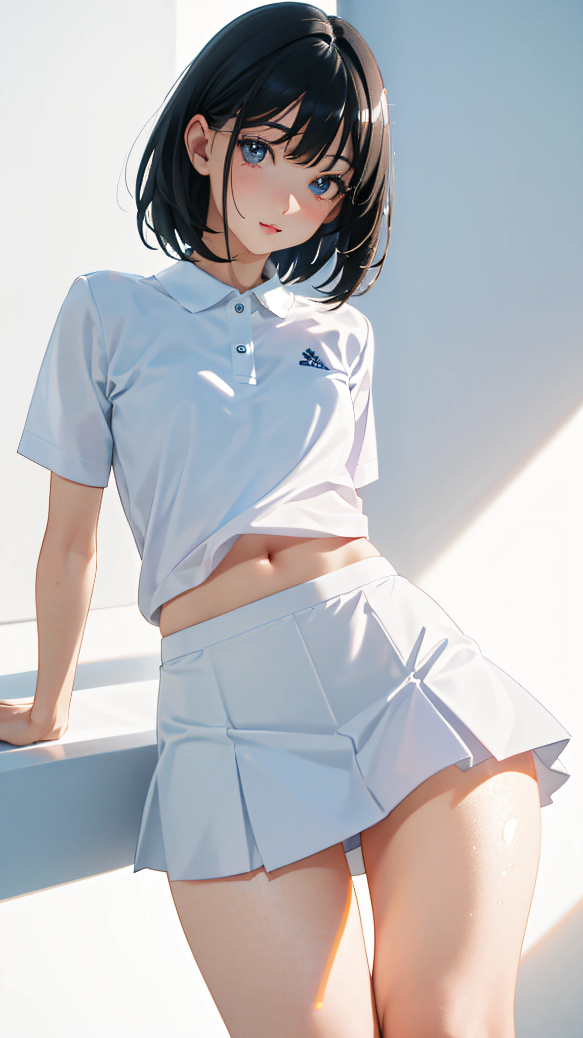 1girll, 独奏, White polo shirt, White sneakers, tennis wear, white mini-skirt, tmasterpiece, Best quality at best, realisticlying, ultra - detailed, (shiny skins, perspired:1.4), looking at viewert, with short black hair, with brown eye,slenderness,Dynamic light and shadow,A high resolution,Sharp focus,depth of fields,The eyes are delicate,Sharp pupils,pupil realistic,(Thigh thick:1.0),exteriors,Skysky