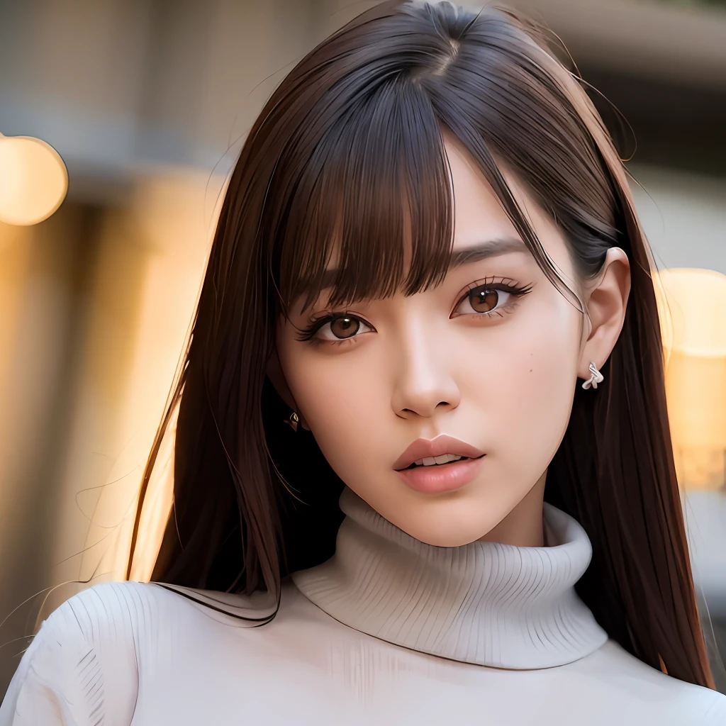 (goddess-like happiness:1.2), Kpop idol, 20 years old, brown eyes, ponytail, (RAW photo:1.2), (photorealistic:1.4), (masterpiece:1.3), (intricate details:1.2), delicate, beautiful detailed, (detailed eyes), (detailed facial features), (turtleneck sweater), petite, small breasts, narrow waist, (looking_at_viewer:1.2), big circle earrings, slim_legs, (skinny), (best quality:1.4), (ultra highres:1.2), cinema light, outdoors, (extreme detailed illustration), (lipgloss, eyelashes, best quality, ultra highres, depth of field, caustics, Broad lighting, natural shading, 85mm, f/1.4, ISO 200, 1/160s:0.75), dynamic pose,