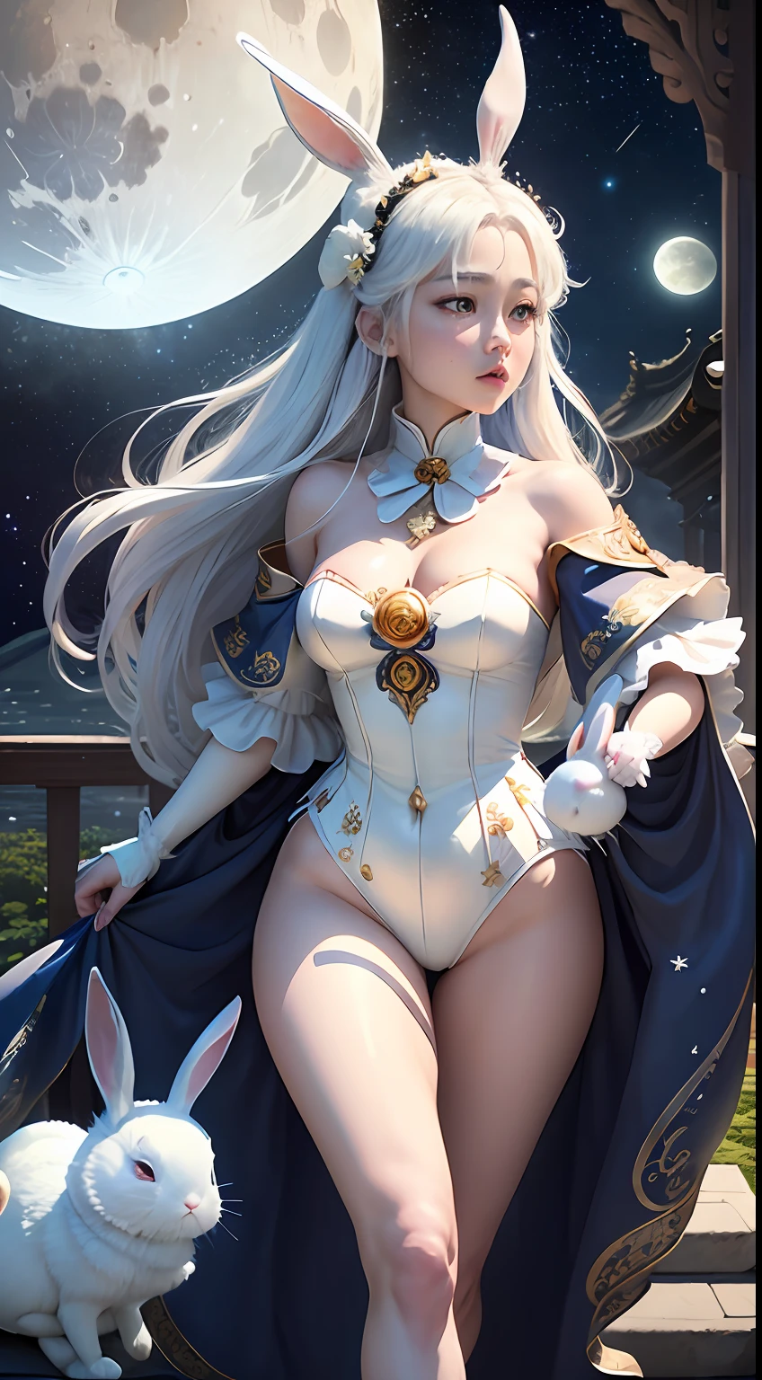 （best images quality），（Extremely detailed description），1girll，Dressed in ancient fairy costumes，（Very detailed details of the face），（full bodyesbian），（Very perfect body structure），（Very detailed and perfect facial depiction），Chang'e rushes to the moon，(((A white rabbit:1.2))Next to Chang'e:1.2), Blue starry sky，（Very large moon close-up），Moonlight shines through the clouds，，As estrelas（glitters），universe background，garments（blingbling），（tmasterpiece），（Brilliant results），（8k wallpaper），（Photography Award），Chinese mythology，Fantasy theme，ultra-realistic realism，realisticlying