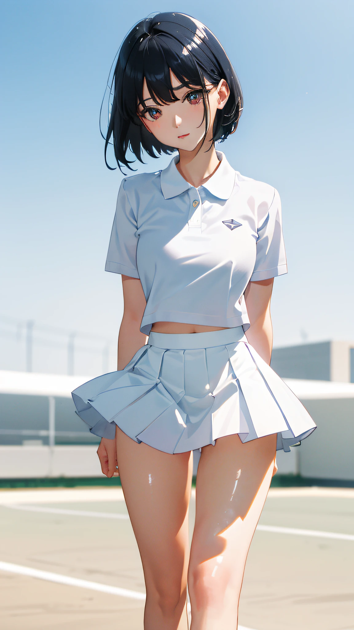 1girll, 独奏, White polo shirt, White sneakers, tennis wear, white mini-skirt, tmasterpiece, Best quality at best, realisticlying, ultra - detailed, (shiny skins, perspired:1.4), looking at viewert, with short black hair, with brown eye,slenderness,Dynamic light and shadow,A high resolution,Sharp focus,depth of fields,The eyes are delicate,Sharp pupils,pupil realistic,(Thigh thick:1.0),exteriors,Skysky