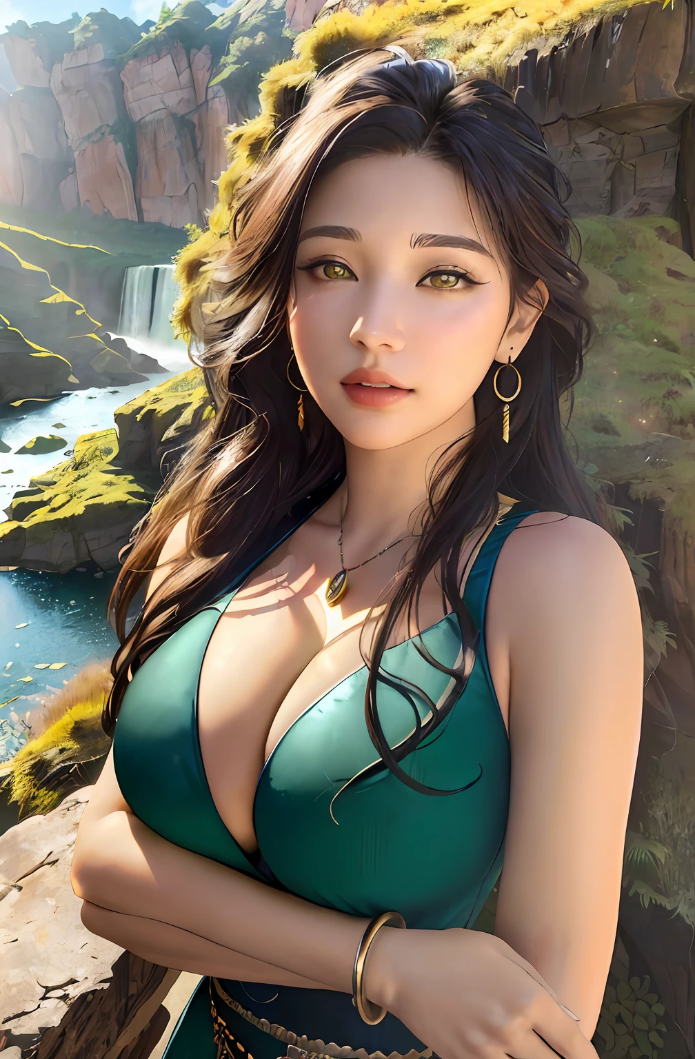 ((Realistic:1.5)),((Best quality)), ((Masterpiece)),((Detailed)),2girls,duo,{2 beautiful girls},PureErosFace_V1,ulzang-6500-v1.1, (Upper body:1.3),royal skimpy underwear, Hug and touch each other, Tease your friend's waist, Breathless friends, Biting a friend's earlobe, crouched,super wide shot,Face focus, Curvy, Barefoot, Medium breasts, Open cleavage, A sagging breast, Thick thighs,Wide hips, Thin legs, Green eyes,Long eyelashes, (Detailed face,beautidful eyes, detailedpupils,detailed clothes features, Clear background:1.3), (armlets, bangle:1.3),Mysterious ancient ruins, floresta exuberante, Deep canyon,bridge,River,cliff,Cloud,lakes,Rock music,Waterfalls, Flowers, Grass,grape trees,tree,bright detail,Sharp,Perfect compounding, Intricate, Sharp focus, Dramatic, author:Frank Frasertta,author:Julie Bell,author:Olivia de Belladenis,author:Luis Royo(Luis Royo),by Boris Vallejo,