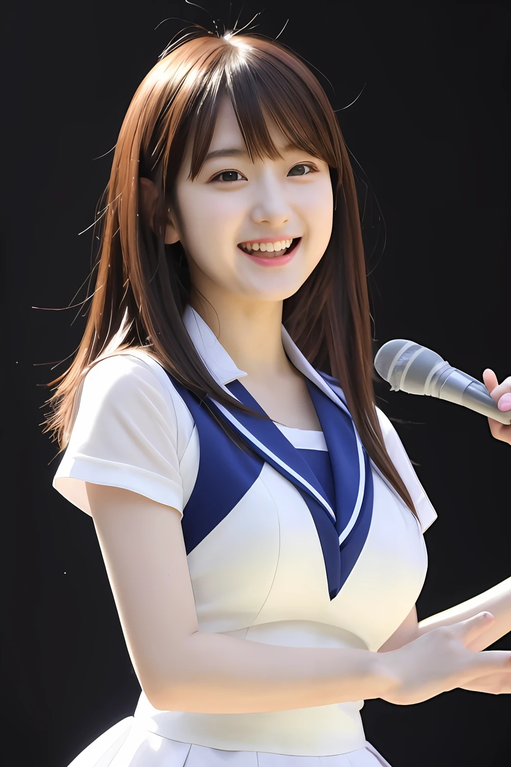 1girl in, Japan gravure models, Mideum straight-haired, Bangs, (pale skin:1.1),Cute Beautiful Girl,Large breasts, Naive and serious innocent girl,
break
grin, Pleasant feelings, happy feeling,
Dynamic Angle, Dynamic Pose, (fun posing:1.1),
(Innocent school idol_Singer's costume:1.3), On stage
break,
masutepiece, Best Quality, 8K, Detailed, Detailed face, Skin and hair, Hi-Res, Perfect Anatomy, Physically-based rendering, Photorealistic, symmetric clear eyes, Well-groomed face、乃木坂アイドル、韓国アイドル、女優、20yr old、glamor、hposing Gravure Idol、Adult actress、ren、Beautie