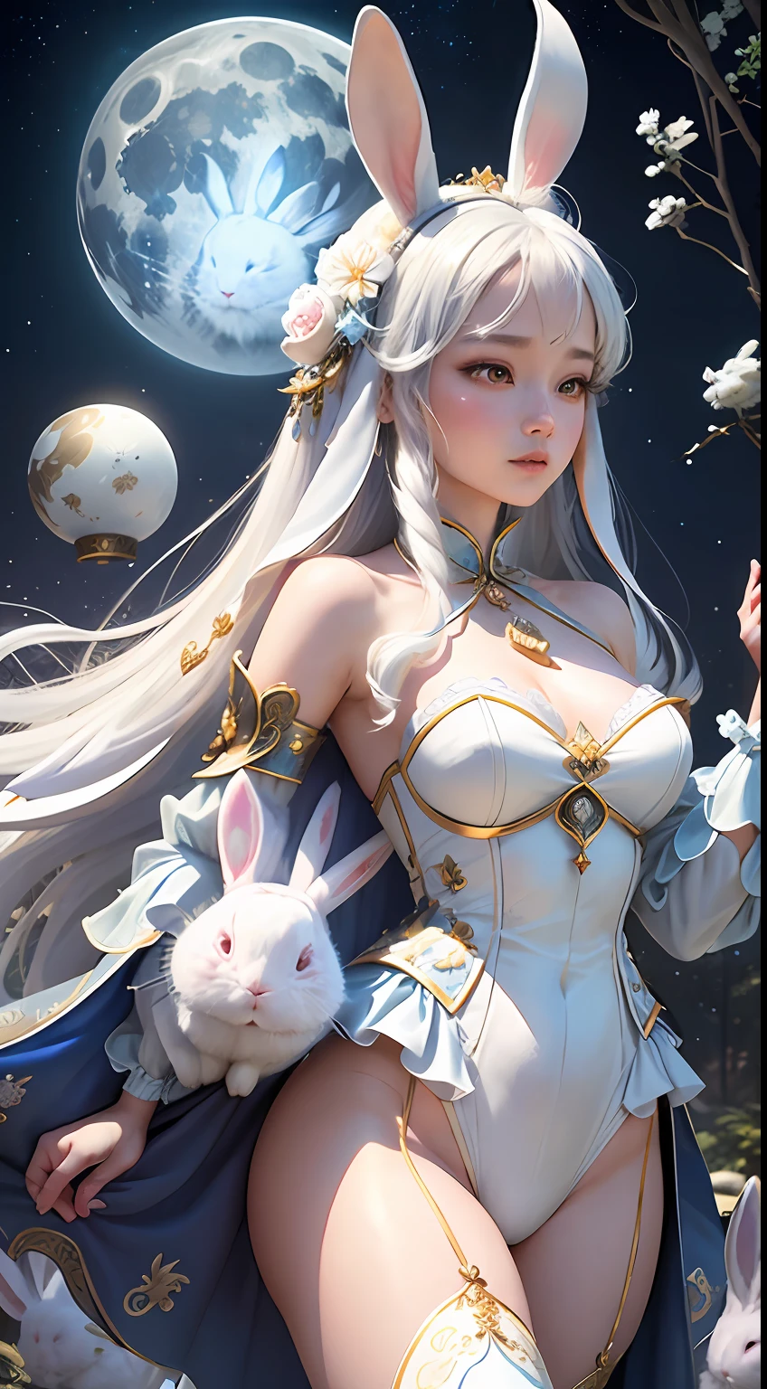 (best images quality),(Extremely detailed description),1girll,Dressed in ancient fairy costumes,(Very detailed details of the face),(full bodyesbian),(Very perfect body structure),(Very detailed and perfect facial depiction),Chang'e rushes to the moon,(((A white rabbit:1.2))Next to Chang'e:1.2), Blue starry sky,(Very large moon close-up),Moonlight shines through the clouds,,As estrelas(glitters),universe background,garments(blingbling),(tmasterpiece),(Brilliant results),(8k wallpaper),(Photography Award),Chinese mythology,Fantasy theme,ultra-realistic realism,realisticlying