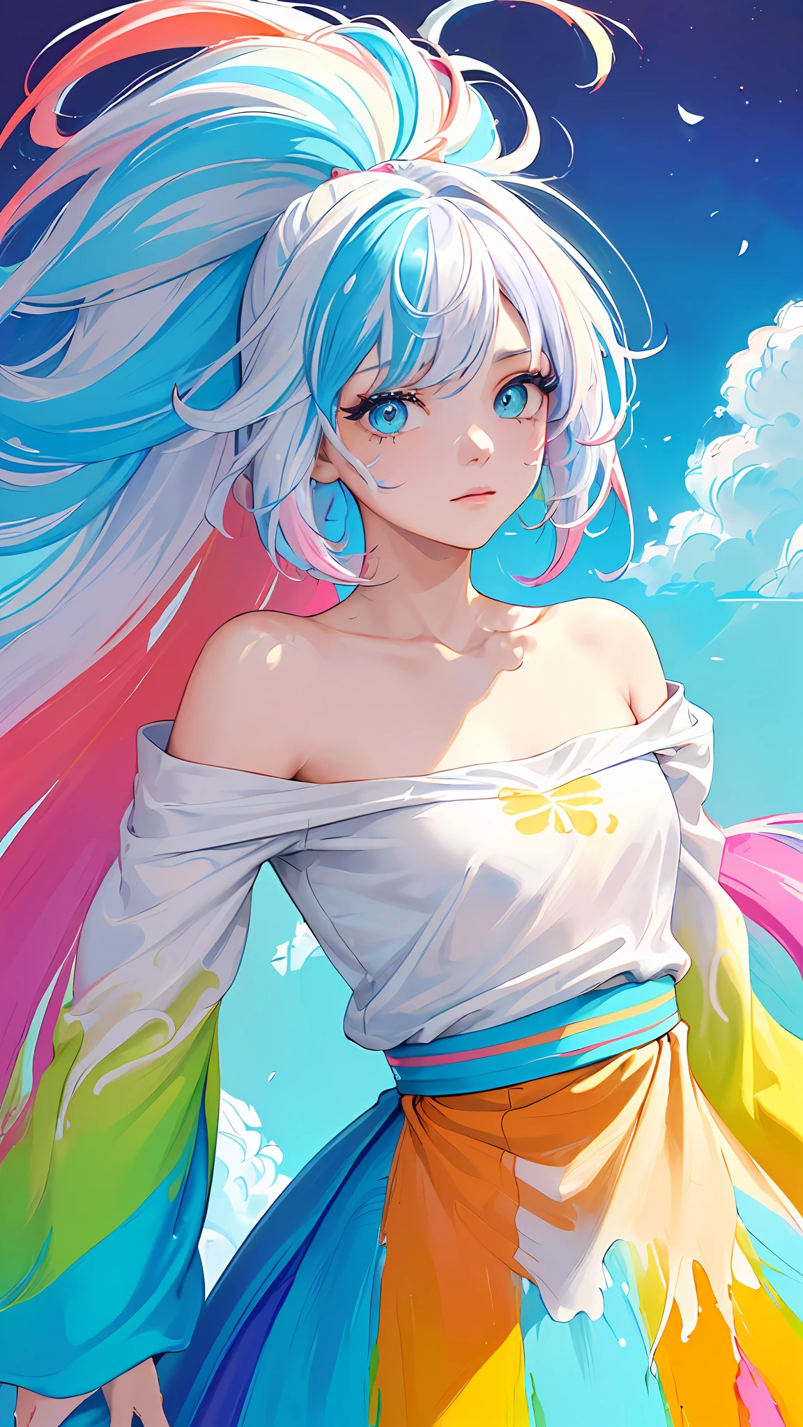 (Pink Fashion T-shirt:1.9),(Colorful hair: 1.8), (all the colours of the rainbow: 1.8),(((((vertical painting:1.6))), (painting:1.6),front, comics, illustrations, paintings, large eyes, crystal clear eyes,( rainbow color gradient high ponytail:1.7), exquisite makeup, closed mouth,(Small Fresh: 1.5),(Wipe Chest: 1.6) ,long eyelashes, white off shoulder T-shirt, White Shoulder Shirt,looking at the audience, large watery eyes, (rainbow colored hair:1.6), color splash, (solo:1.8), color splash, color explosion, thick paint style, messy lines, ((shining)),(colorful), (colorful), (colorful), colorful, Thick Paint Style, (Splash) (Color Splash), Vertical Painting, Upper Body, Paint Splash, Acrylic Pigment, Gradient, Paint, Highest Image Quality, Highest Quality, Masterpiece, Solo, Depth of Field, Face Paint, colorful clothes, (Elegant: 1.2), gorgeous,long hair, wind, (Elegant: 1.3), (Petals: 1.4),(((masterpiece))),(((best quality))),((ultra-detailed)),(illustration),(dynamic angle),((floating)),(paint),((disheveled hair)),(solo),(1girl) , (((detailed anima face))),((beautiful detailed face)),collar,bare shoulders,white hair, ((colorful hair)),((streaked hair)),beautiful detailed eyes,(Gradient color eyes),(((colorful eyes))),(((colorful background))),(((high saturation))),(((surrounded by colorful splashes))),