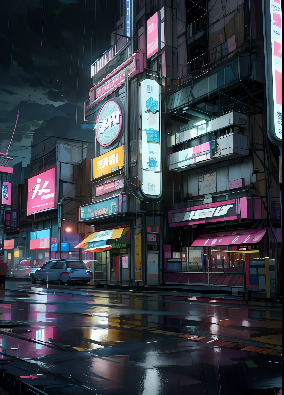 night scene,Vaporpunk,Building,Neon lights,little bit of raining