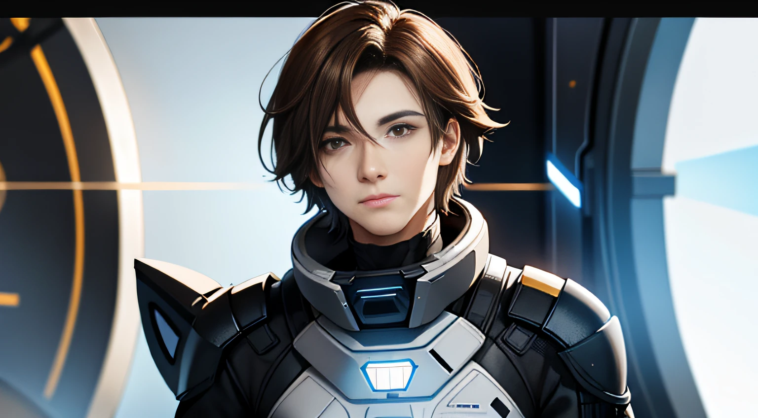 fking_scifi, award-winning photo of a man, black flight suit with yellow accents, brown hair, (gray eyes:1.35), square jawline, asymmetric face, standing in front of a window on a space ship, 80mm, bokeh, mass effect, close up, fking_cinema_v2
