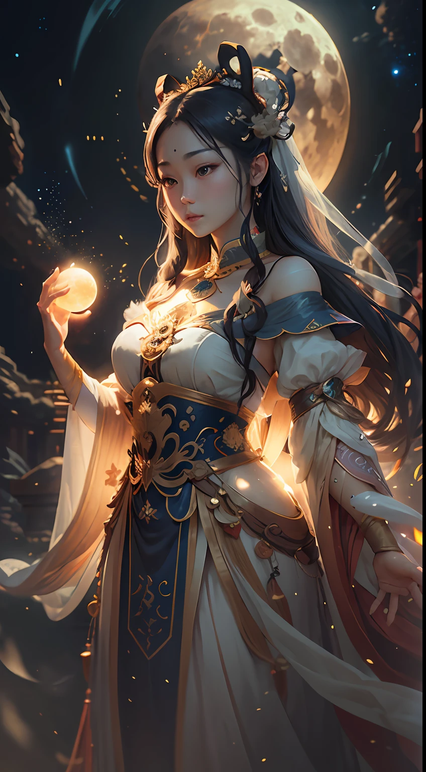 （best images quality），（Extremely detailed description），1girll，Dressed in ancient fairy costumes，（full bodyesbian），（Very perfect body structure），（Very detailed and perfect facial depiction），Chang'e rushes to the moon，（Very detailed details of the face），（The white rabbit is next to Chang'e：1.2），Blue starry sky，（Very large moon close-up），Moonlight shines through the clouds，，As estrelas（glitters），universe background，garments（blingbling），（tmasterpiece），（Brilliant results），（8k wallpaper），（Photography Award），Chinese mythology，Fantasy theme，ultra-realistic realism，realisticlying