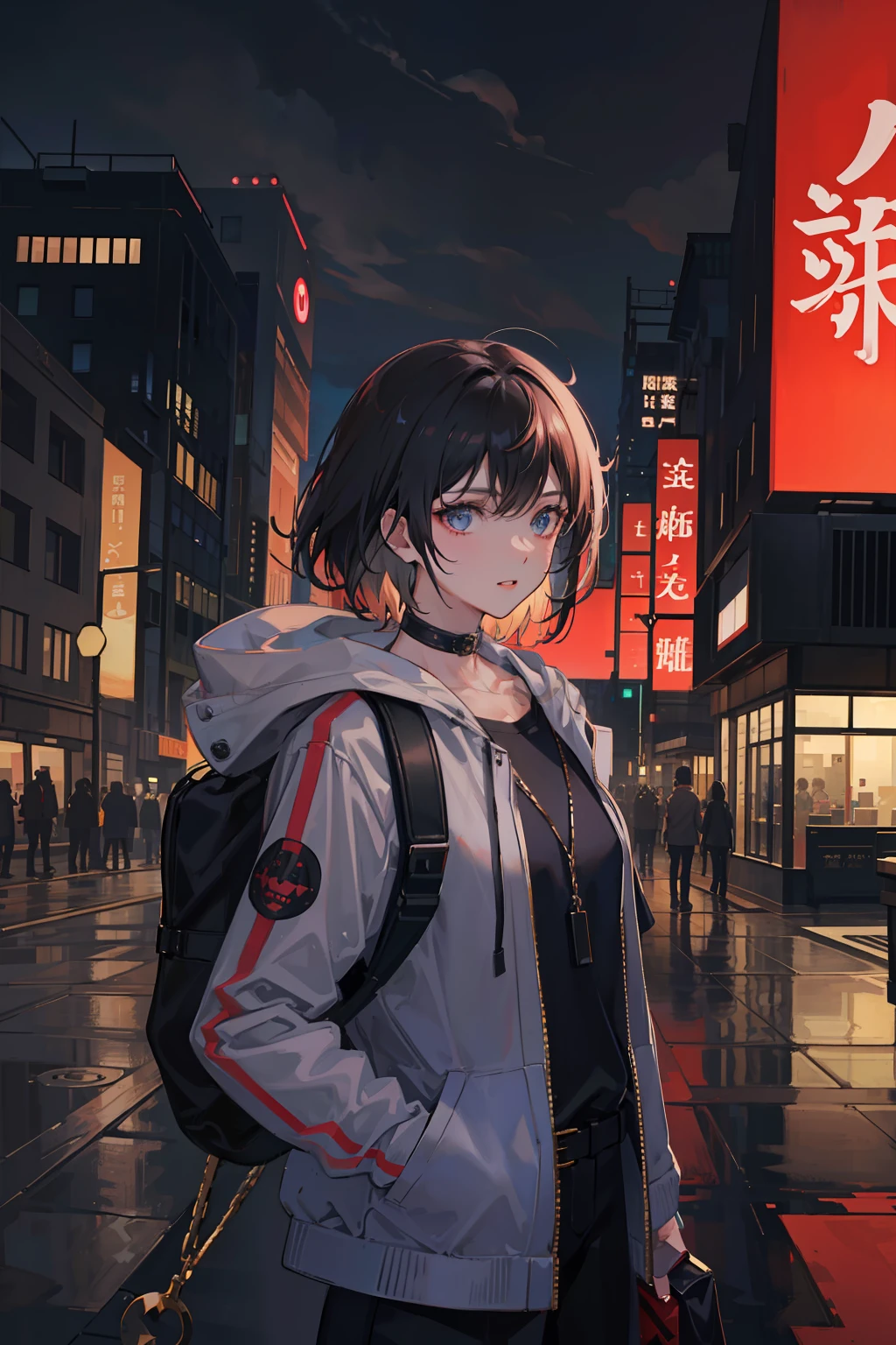 1girll，jaket，Sateen，exteriors，hoody，Open jacket，chain，backpacks，Look at the other person，messy  hair，Trends on ArtStation，8K分辨率，The is very detailed，anatomically correcte，Sharp images，digitial painting，concept-art，Trends on pixiv，Estilo de Makoto Shinkai，Accentuate Chest，Slim waist，Look directly into the camera。Optimize all the details in the diagram。Slim waist