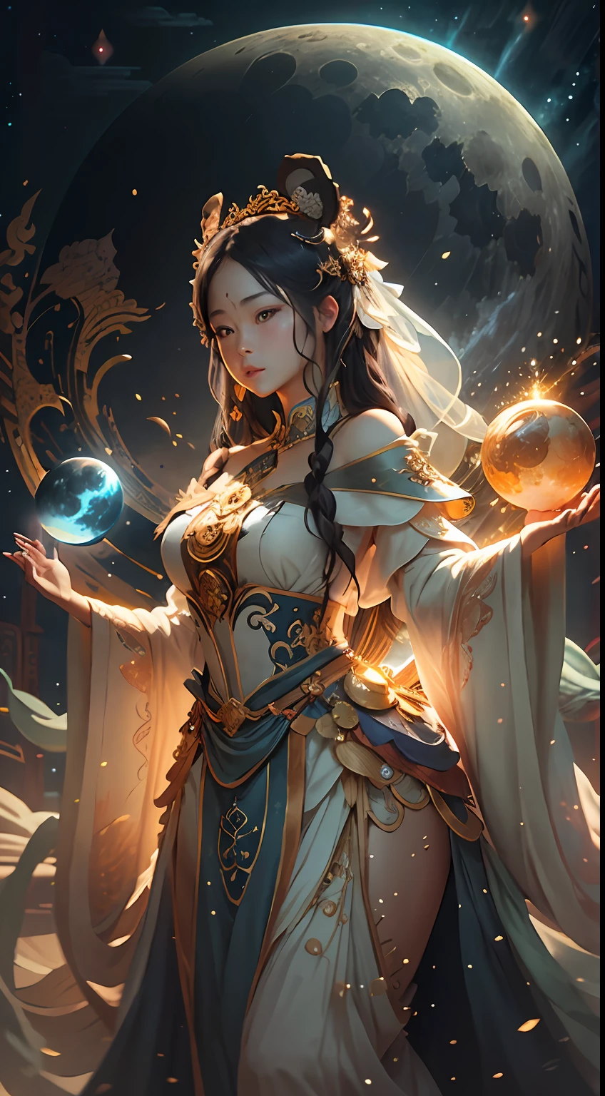 (best images quality),(Extremely detailed description),1girll,Dressed in ancient fairy costumes,(full bodyesbian),(Very perfect body structure),(Very detailed and perfect facial depiction),Chang'e rushes to the moon,(Very detailed details of the face),(The white rabbit is next to Chang'e:1.2),Blue starry sky,(Very large moon close-up),Moonlight shines through the clouds,,As estrelas(glitters),universe background,garments(blingbling),(tmasterpiece),(Brilliant results),(8k wallpaper),(Photography Award),Chinese mythology,Fantasy theme,ultra-realistic realism,realisticlying