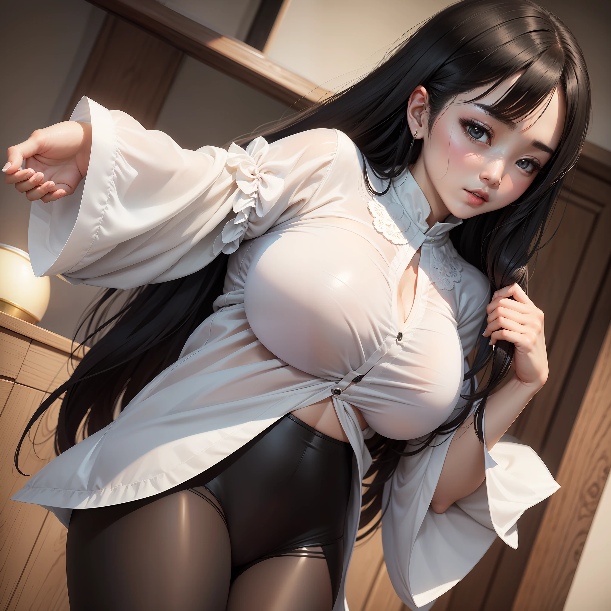 超高分辨率,ultra - detailed,realisticlying,Kizi,huge tit,White color blouse,black colored leggings