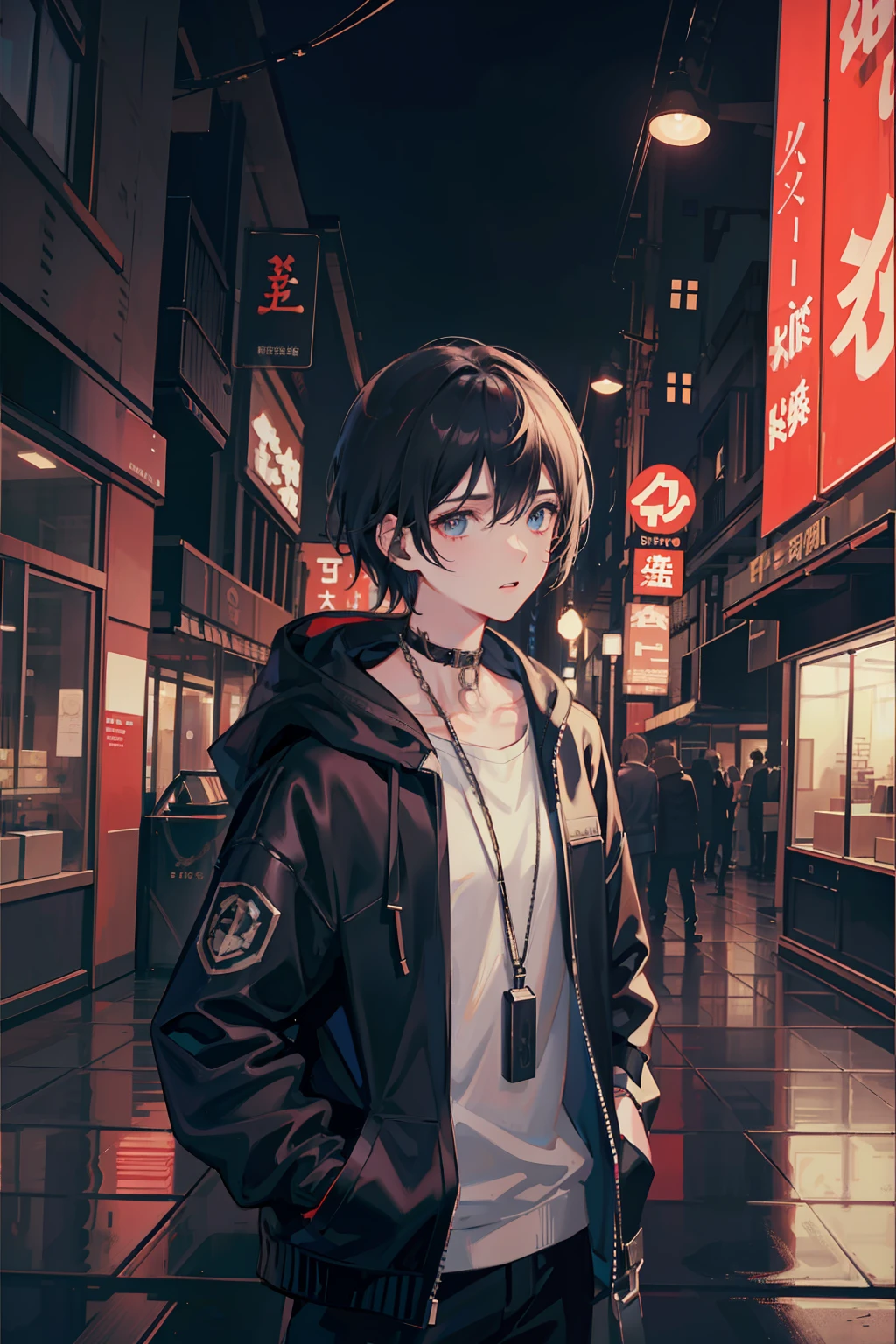 1boy,jaket,Sateen,exteriors,hoody,Open jacket,chain,backpacks,Look at the other person,messy hair,Trends on Artstation,8K分辨率,The is very detailed,anatomically correcte,Sharp Images,digitial painting,concept-art,Trends on pixiv,Estilo de Makoto Shinkai,Look directly into the camera,Optimize all the details in the diagram。Remove the collarbone chain around the neck and make it not much different from the original picture。