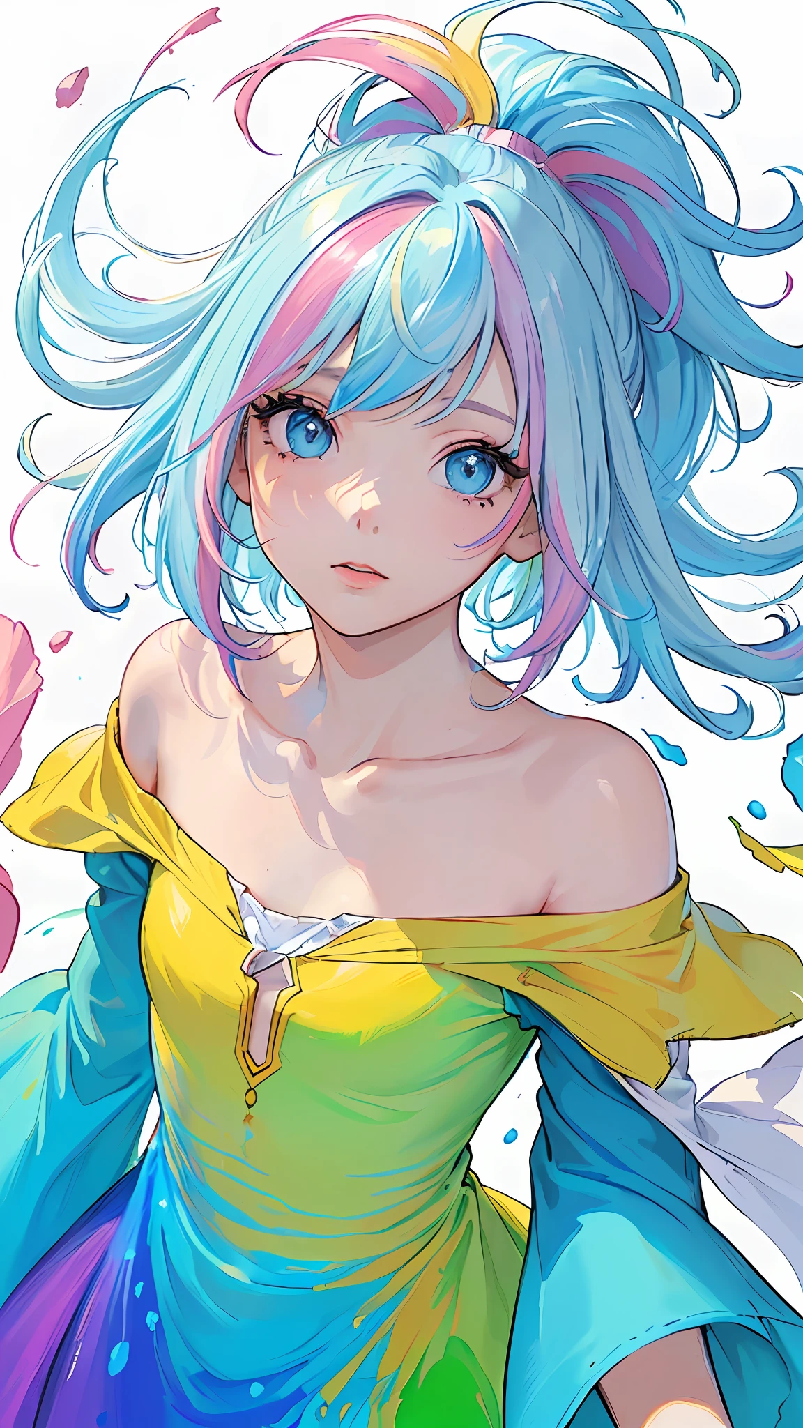 (Pink Fashion T-shirt:1.9),(Colorful hair: 1.8), (all the colours of the rainbow: 1.8),(((((vertical painting:1.6))), (painting:1.6),front, comics, illustrations, paintings, large eyes, crystal clear eyes,( rainbow color gradient high ponytail:1.7), exquisite makeup, closed mouth,(Small Fresh: 1.5),(Wipe Chest: 1.6) ,long eyelashes, white off shoulder T-shirt, White Shoulder Shirt,looking at the audience, large watery eyes, (rainbow colored hair:1.6), color splash, (solo:1.8), color splash, color explosion, thick paint style, messy lines, ((shining)),(colorful), (colorful), (colorful), colorful, Thick Paint Style, (Splash) (Color Splash), Vertical Painting, Upper Body, Paint Splash, Acrylic Pigment, Gradient, Paint, Highest Image Quality, Highest Quality, Masterpiece, Solo, Depth of Field, Face Paint, colorful clothes, (Elegant: 1.2), gorgeous,long hair, wind, (Elegant: 1.3), (Petals: 1.4),(((masterpiece))),(((best quality))),((ultra-detailed)),(illustration),(dynamic angle),((floating)),(paint),((disheveled hair)),(solo),(1girl) , (((detailed anima face))),((beautiful detailed face)),collar,bare shoulders,white hair, ((colorful hair)),((streaked hair)),beautiful detailed eyes,(Gradient color eyes),(((colorful eyes))),(((colorful background))),(((high saturation))),(((surrounded by colorful splashes))),
