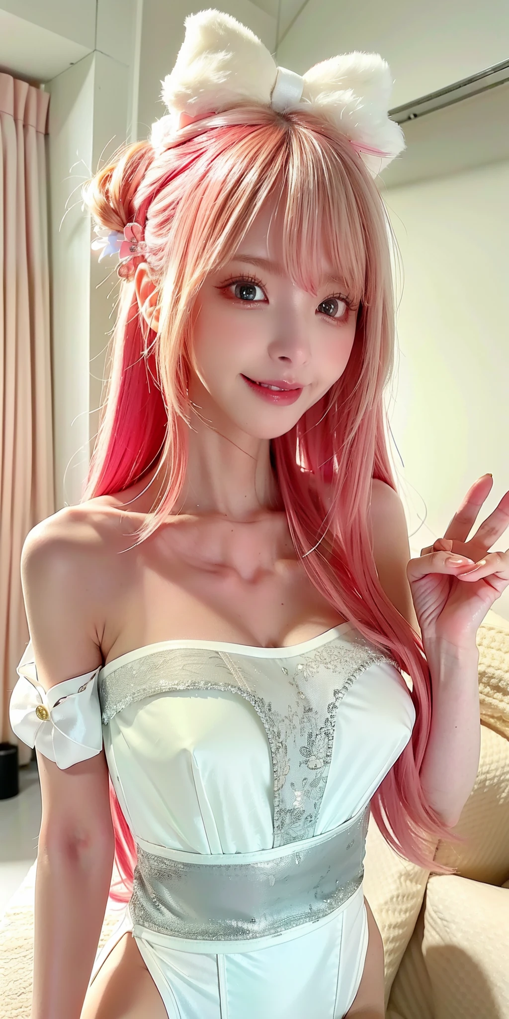 (8K, 4K, Best quality, A high resolution:1.2), (marsterpiece, Realistic, photograph realistic:1.37), 1girll, Solo, Beautiful face, eyeslashes, nase, Glossy lips, (Detailed eyes, view the viewer, Fair skin, White skin:1.5), fine complexion, full bodyesbian,Bare chest,Beds,
Wear swimwear
Both sides face up, Absurdly long hair, Blonde hair, Pink hair, bangs, hair adornments, bow,
Younger,