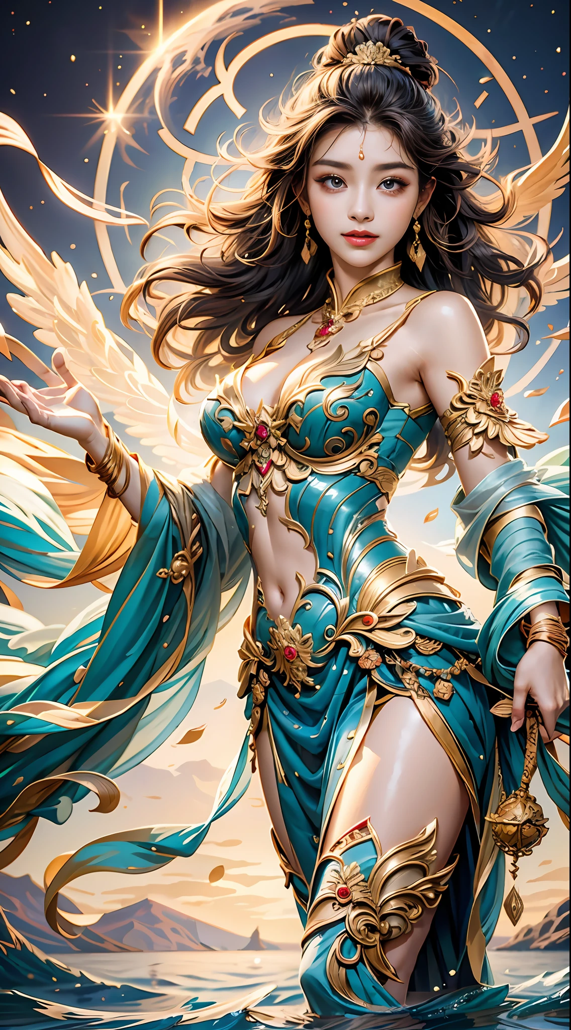 offcial art，Extremely detailed ，1 woman，sacred feeling，Starry background，Colorful background，Beautiful and moving。Beautiful face，Like a reborn fairy。Deep eyes，Ruddy lips，Slightly upward，Exudes femininity。The hair is long and soft，Like delicate silk，big breasts beautiful、Noble、mistic。Stand in a mysterious and beautiful setting。It lives between mountains and rivers，surrounded by cloud。Built on top of a high mountain，Overlooking the whole mountain，The power of nature。There are often a variety of exotic plants in the garden，Exudes an enticing aroma。Goddesses are like angels，It exudes a mysterious and beautiful glow。 mountains surrounding， Very detailed CG unity 8K wallpaper，（tmasterpiece），（best qualtiy），（ultra - detailed），（Ultra photo realsisim），（best character detail：1.36），Nikon D750 f / 1.4 55mm，dynamic angle，profesional lighting，photon maping，Radio City, physically-based renderingt, exteriors, Classic antique girl， motionblur， cinmatic lighting， best qualtiy， 4K，looking at viewert, Be red in the face, 1girll, a matural female, A MILF, Tall body, the golden ratio,(Kpop idol),(Oil skin:1.2),(Oil skin:1.1), Makeup,[:(com rosto detalhado:1.2):0.2]:,PureErosFace_V1, ((Curly gray hair and sophisticated style)),(aegyo sal:1),(puffy eye),(eyeslashes:1.1), (cparted lips:1.1),red lipsticks,broad shoulder,(Bigchest:1.1),(cleavage:1.1)，offcial art，Extremely detailed