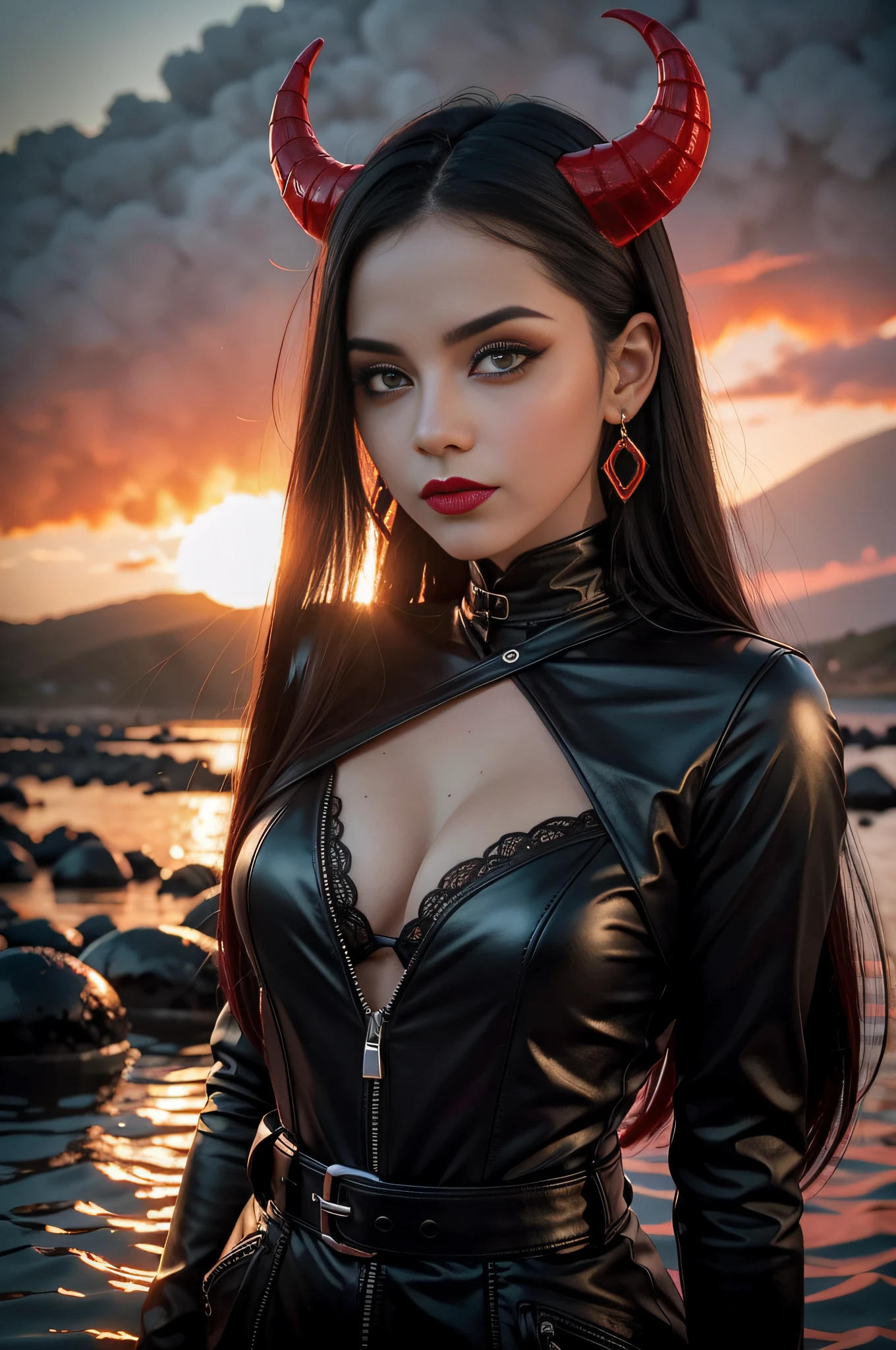 1 mulher diabinha, succubus, vampira sedutora, with small horns on the head, pele vermelha sedosa, seios fartos, fleshy lips, olhos com brilho flamejantes, cabelos curtos, obra-prima, melhor qualidade, ultradetalhada, solo, ao ar livre tirando selfie no Inferno, ao lado de um lago de fogo e lava borbulhante ao fundo (background profundidade de campo acentuada), alegre, sorrindo, feliz, roupa leve, camisa top preta decotada, mini-saia vermelha quadriculada, contraste, Burning red sky, white and black smoke, vapor vermelho dos lados, estilo, (matiz quente, tom quente): 1.2), close-up, cinematiclight, side-lighting, Ultra high resolution, melhor sombra, RAW, parte superior do corpo.