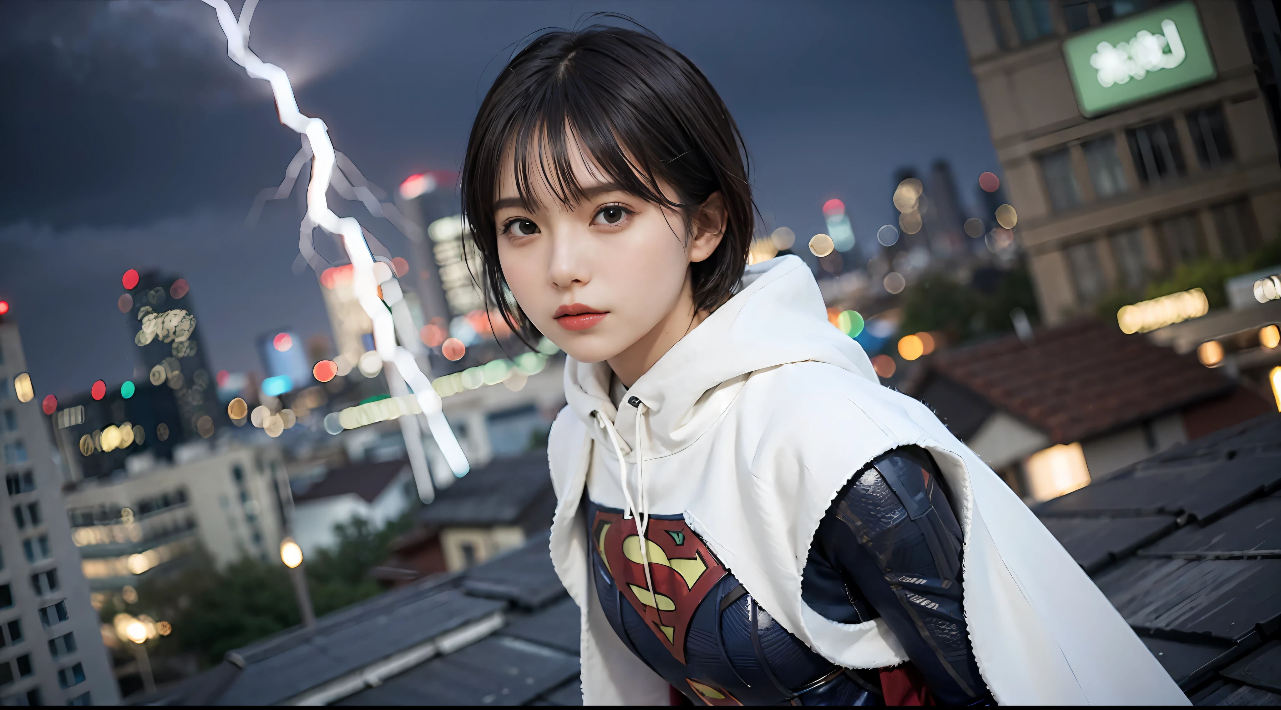 Best Quality, masutepiece, (Photorealistic:2), Ultra High Resolution, Highly detailed, A hyper-realistic, 1girl in, ((Supergirl suit in white)), (Superman's Cloak), Spider-Man pattern, colourfull_hair、(((very_short_hair))), Short hair, Slim body, Full Shot, Looking at Viewer, Night, ((On the roof of a building)), Rain, Dark Scene, Dark atmosphere, light neon, myst, cloudy, Lightning, Detailed background