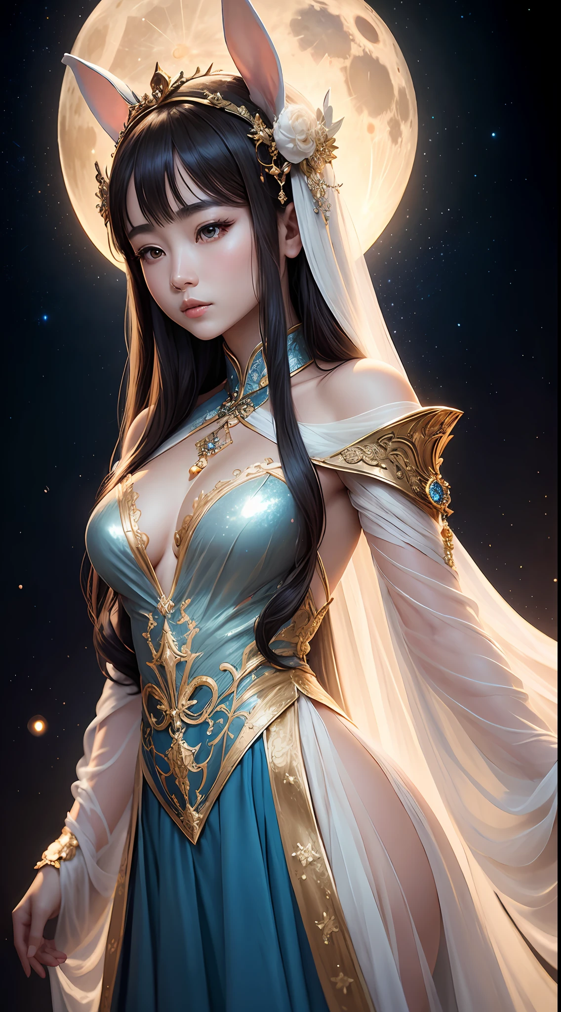 (best images quality),(Extremely detailed description),1girl,Dressed in ancient fairy costumes,(full bodyesbian),(Very perfect body structure),(Very detailed and perfect face portrayal),Chang'e rushes to the moon,(Very detailed details of the face),(The white rabbit is next to Chang'e:1.2),Blue starry sky,(Very large moon close-up),Moonlight shines through the clouds,,As estrelas(glitters),universe background,garments(blingbling),(tmasterpiece),(Brilliant and brilliant effect),(8k wallpaper),(Photography Award),Chinese mythology,Fantasy theme,ultra-realistic realism,realisticlying
