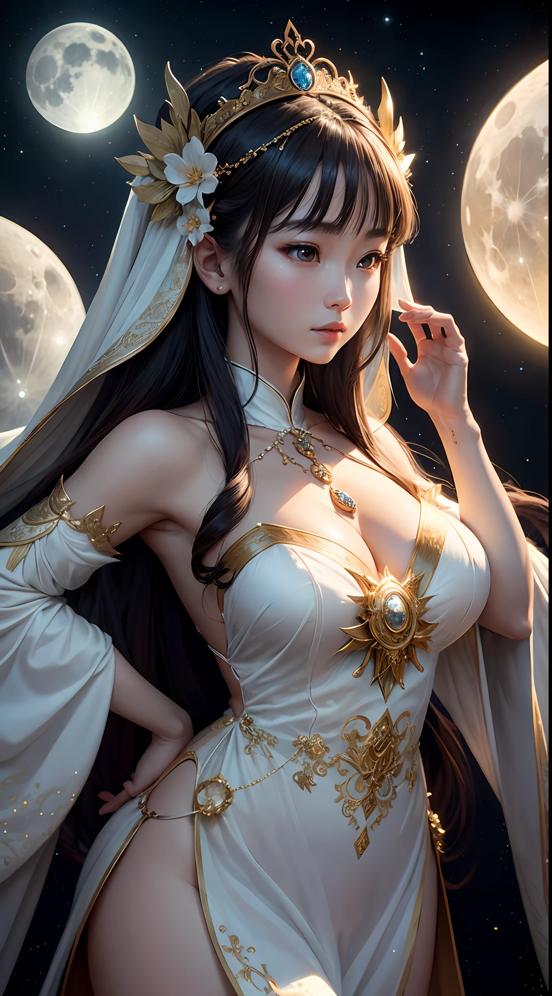 （best images quality），（Extremely detailed description），1girl，Dressed in ancient fairy costumes，（full bodyesbian），（Very perfect body structure），（Very detailed and perfect face portrayal），Chang'e rushes to the moon，（Very detailed details of the face），（The white rabbit is next to Chang'e：1.2），Blue starry sky，（Very large moon close-up），Moonlight shines through the clouds，，As estrelas（glitters），universe background，garments（blingbling），（tmasterpiece），（Brilliant and brilliant effect），（8k wallpaper），（Photography Award），Chinese mythology，Fantasy theme，ultra-realistic realism，realisticlying