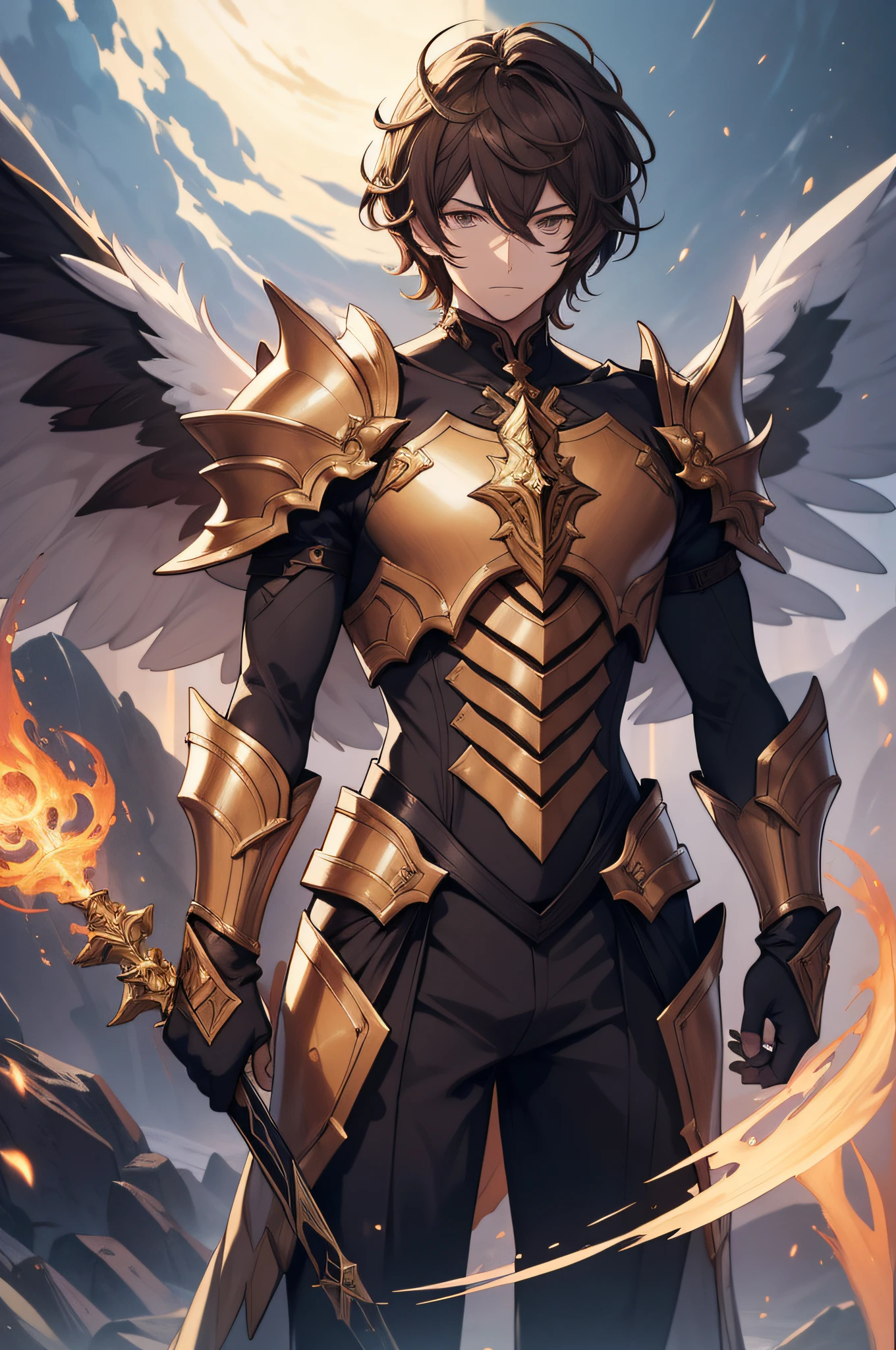 title: Sandalphon's imposing presence (granblue fantasia) description: In this illustration, quero retratar Sandalphon, The powerful male paladin 1st class of GranBlue Fantasia. He is an anime character with short, brown hair, olhos avermelhados penetrantes e veste um conjunto impressionante de armadura completa, toda na cor preta. A cena se passa em um ambiente de alta fantasia, with an active volcano emitting flames and smoke in the background. Towering Rocky Mountains complete the scenery, highlighting Sandalphon's strength and courage. Com foco total no protagonista masculino, a imagem deve mostrar Sandalphon preenchendo o quadro, em uma pose de destaque e poder. He's a grown warrior, with strong masculine features and a determined facial expression. Para o estilo da arte, inspire-se nas obras de Casimiro Arte, with attention to detail and movement dynamics. Sandalphon deve empunhar uma espada grande, corpo coberto com armadura, sem elmo, armadura robusta, representando sua habilidade como paladino. The sword must be drawn with precision, destacando seu tamanho e detalhes intrincados. The background of the illustration is a white background, which highlights the figure of sandalwood and emphasizes its dominant presence. importante: It's critical to keep the design and character elements true to the official depiction of Sandalphon in Granblue Fantasy, ensure that the illustration is recognizable as it is.