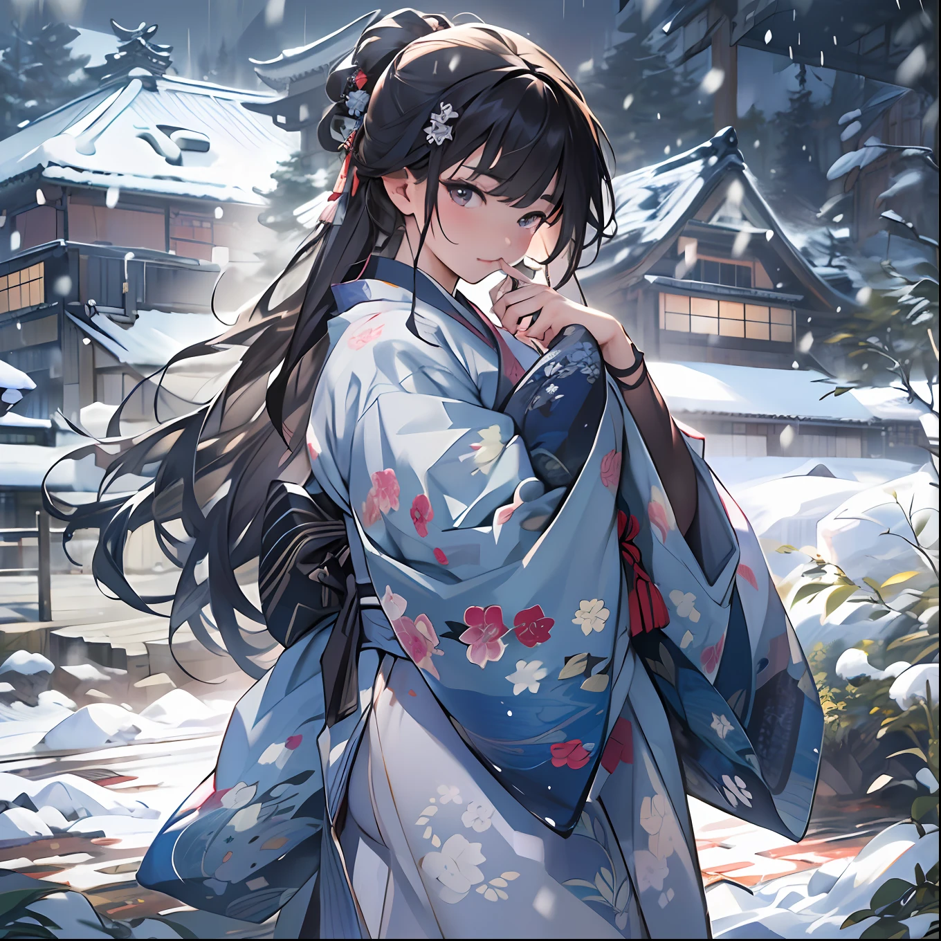 (top-quality、8k、32k、masterpiece、UHD:1.3)、(Attractive Japanese Woman Pictures)、Girl Walking On Snowy Field、Yukata、A dark-haired、Black eye、A look of bewilderment
