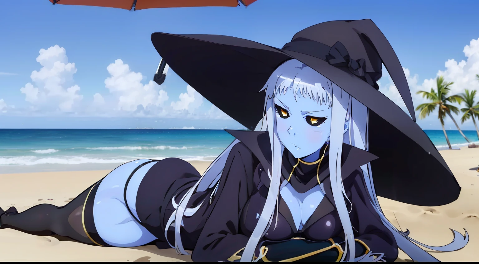 (((Perfect picture))), (absurdress), 1girl, 独奏, Tulip, (huge ahoge:1.2), monster girl, in a closed striped swimsuit, big black women's hat, lying under a beach umbrella, at a beach