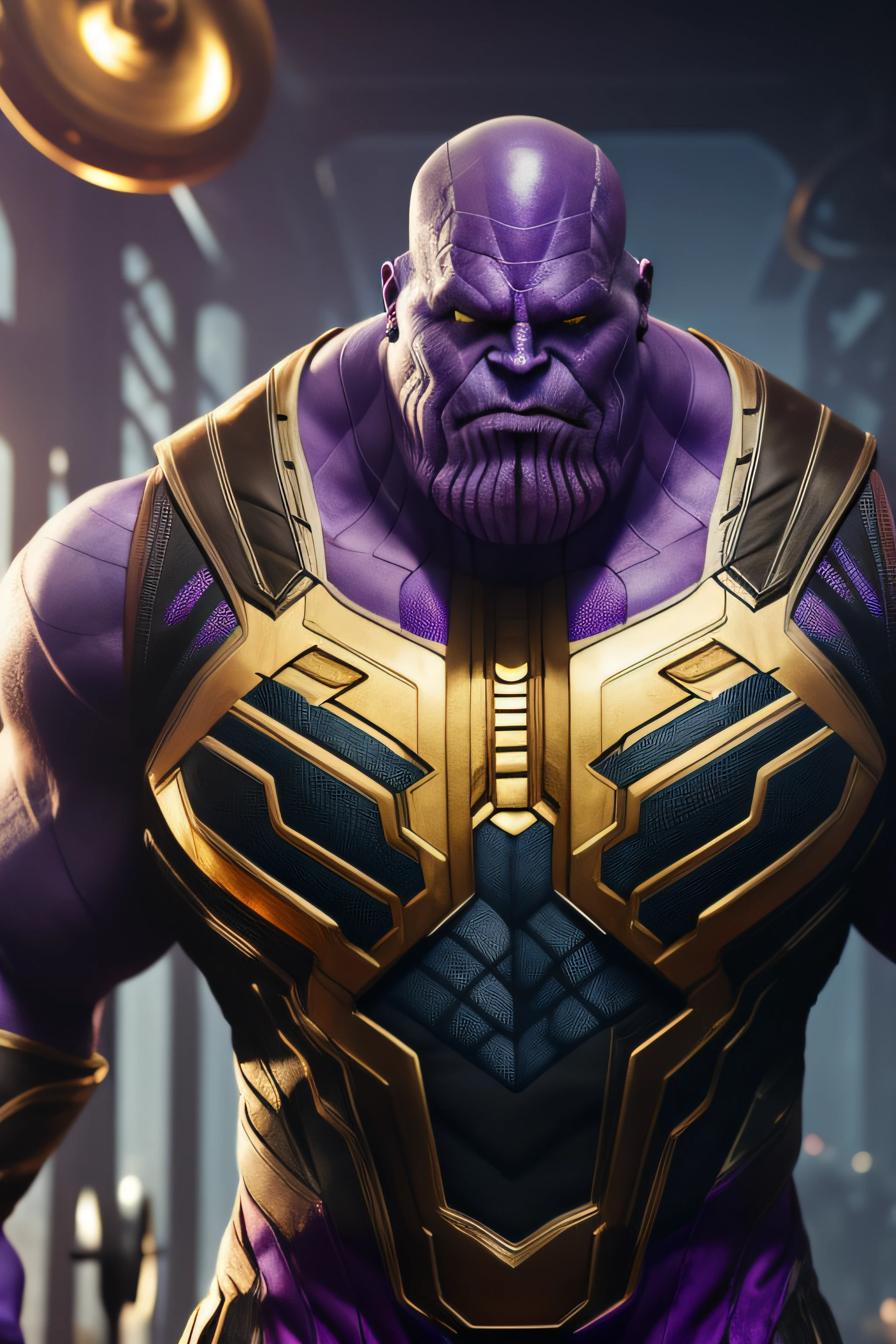 ((Villain Thanos)), ((gym clothes)). ((lifting iron weight)), Gym Weightlifting, bodybuilding gym, daytime, Weighing machines, dramatic lighting, intricate details, master piece, best quality, realistic, very high quality, (Soft diffused light), i, highly detailed photo , Symmetrical, Unreal 5, hyperrealistic, dynamic lighting, Fantasy Art, cinematic photography