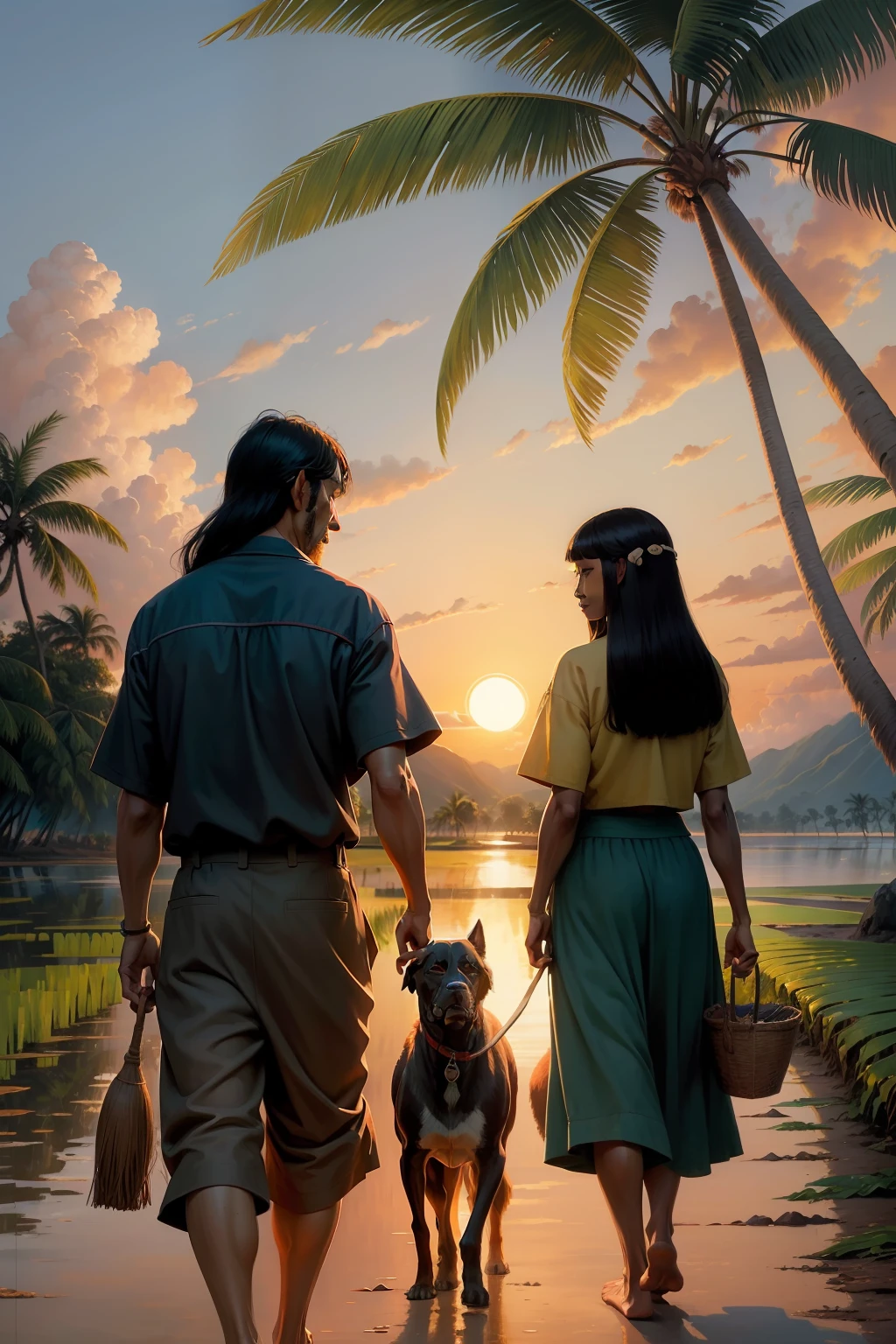 Gauguin oil painting style,coconut palms,ricefield,setting sun,A man and a woman lead the dog