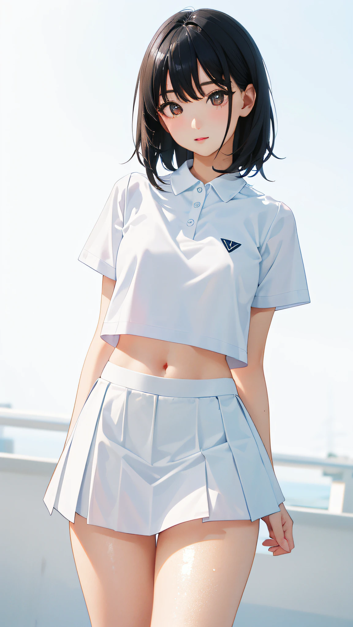 1girll, 独奏, White polo shirt, White sneakers, tennis wear, white mini-skirt, tmasterpiece, Best quality at best, realisticlying, ultra - detailed, (shiny skins, perspired:1.4), looking at viewert, with short black hair, with brown eye,slenderness,Dynamic light and shadow,A high resolution,Sharp focus,depth of fields,The eyes are delicate,Sharp pupils,pupil realistic,(smallunderboob),(Thigh thick:1.0),exteriors,Skysky