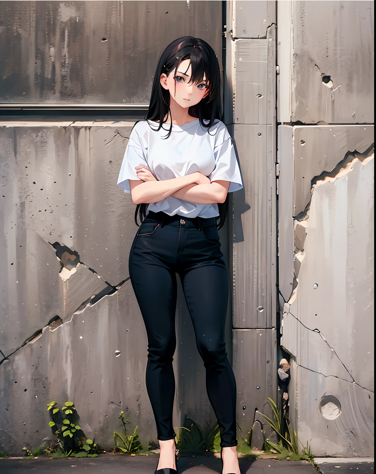 1woman leaning against a wall with her arms crossed, leaning against the wall, leaning on the wall, casual pose, full body picture, full body photogenic shot, full body photograph, portrait full body, in front of white back drop, dressed in a white t shirt, standing in an alleyway, on a large marble wall, best quality, masterpiece, photorealistic, 1girl, 15 years old, best face, rim lighting, (high detailed skin:1.2), 8k uhd, high quality, high resolution, 4k, 8k, bokeh, absurdres, best ratio four finger and one thumb, amazing ilustration, best background matching, anime style 4 k, beautiful background, ultra hd 8K